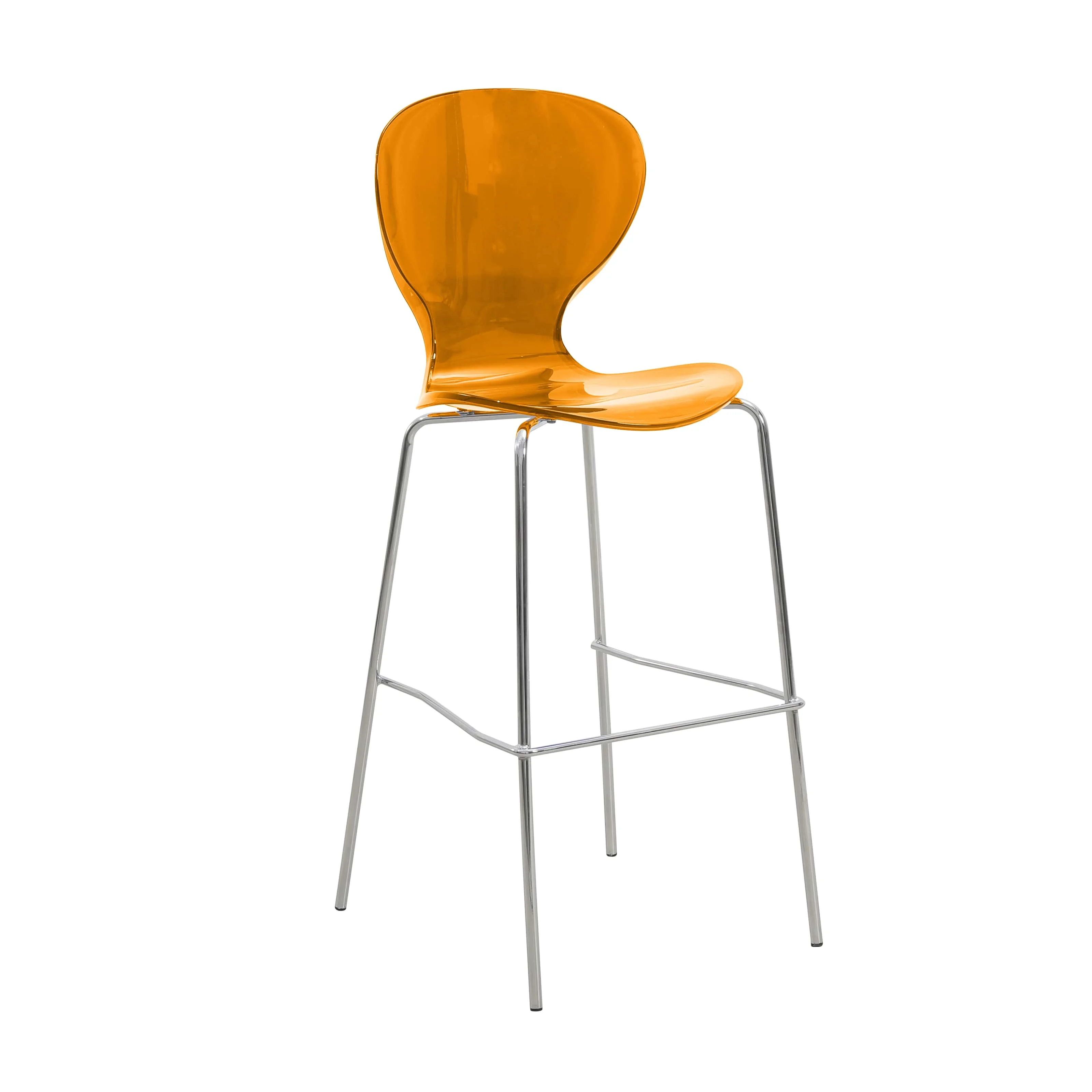 Oyster Acrylic Barstool with Steel Frame in Chrome Finish in Transparent Orange