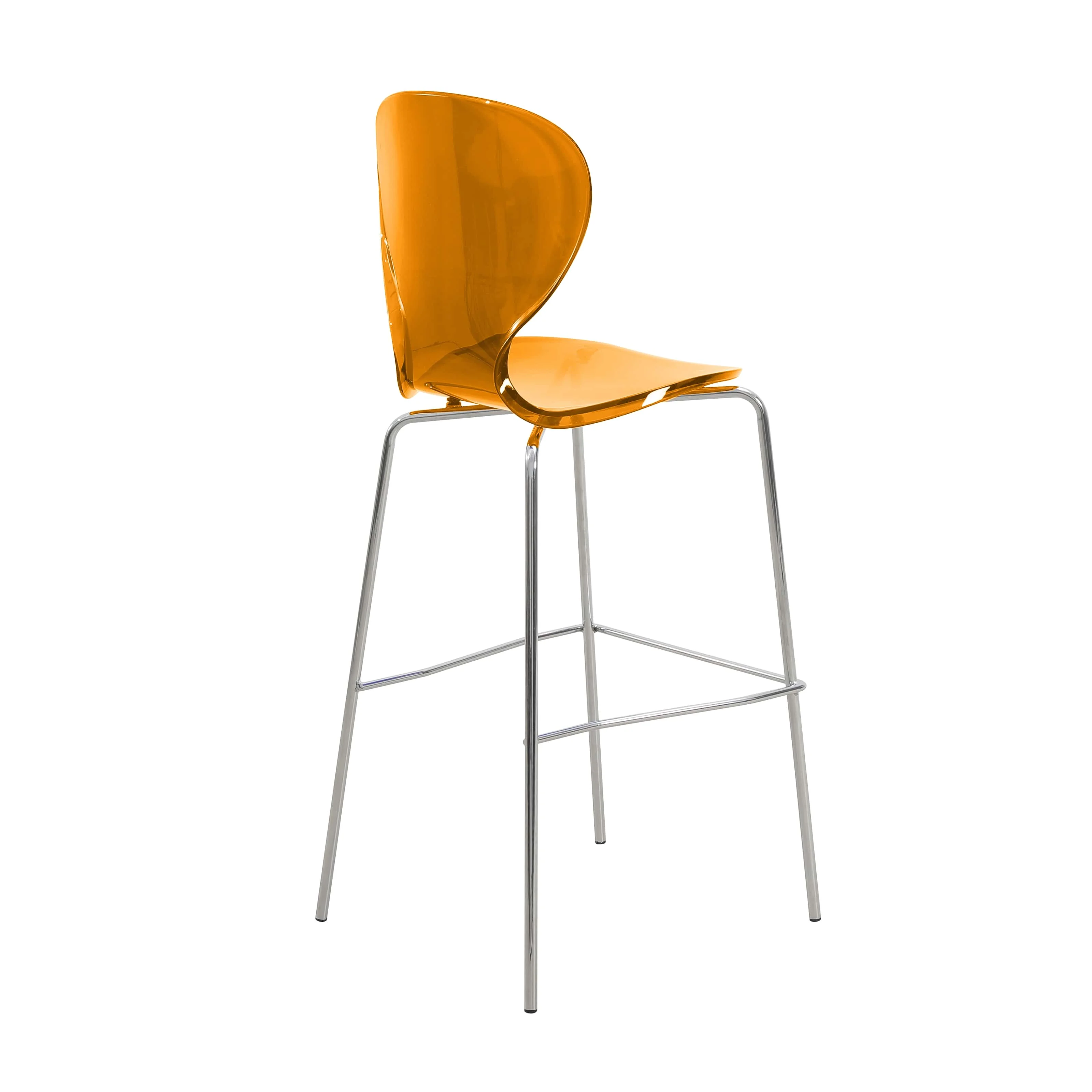 Oyster Acrylic Barstool with Steel Frame in Chrome Finish in Transparent Orange