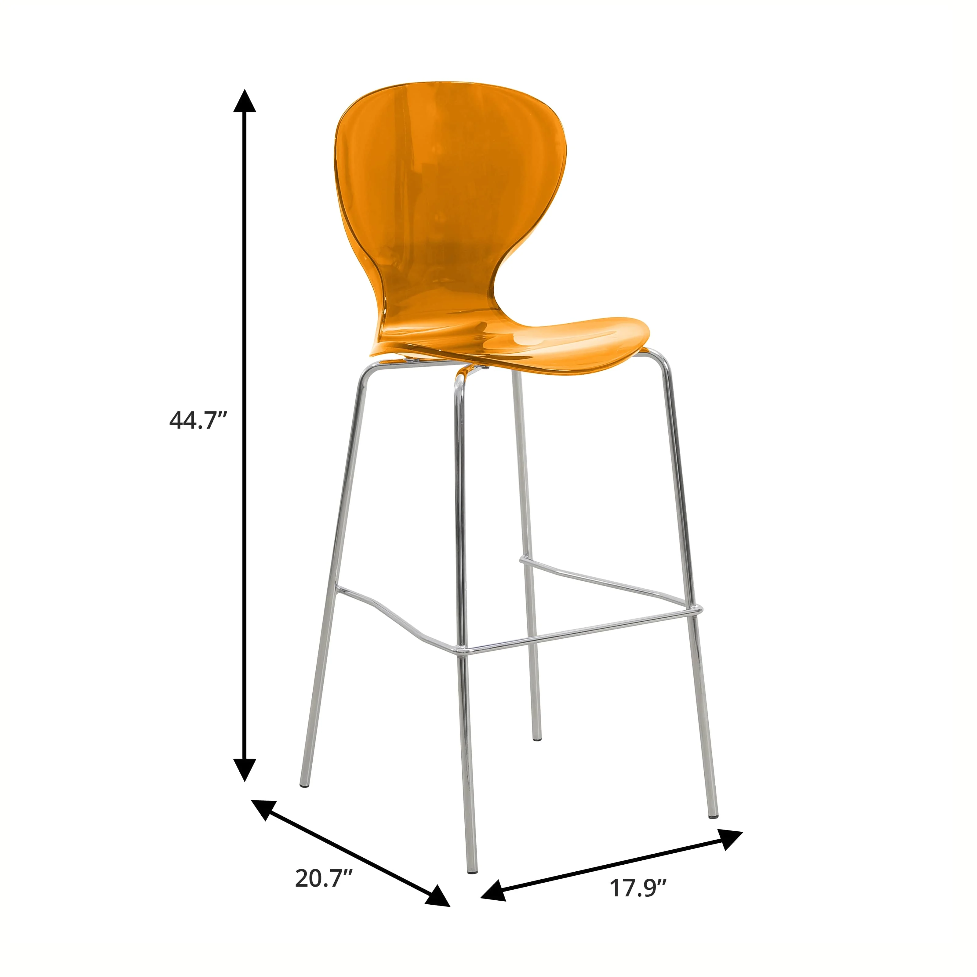 Oyster Acrylic Barstool with Steel Frame in Chrome Finish in Transparent Orange