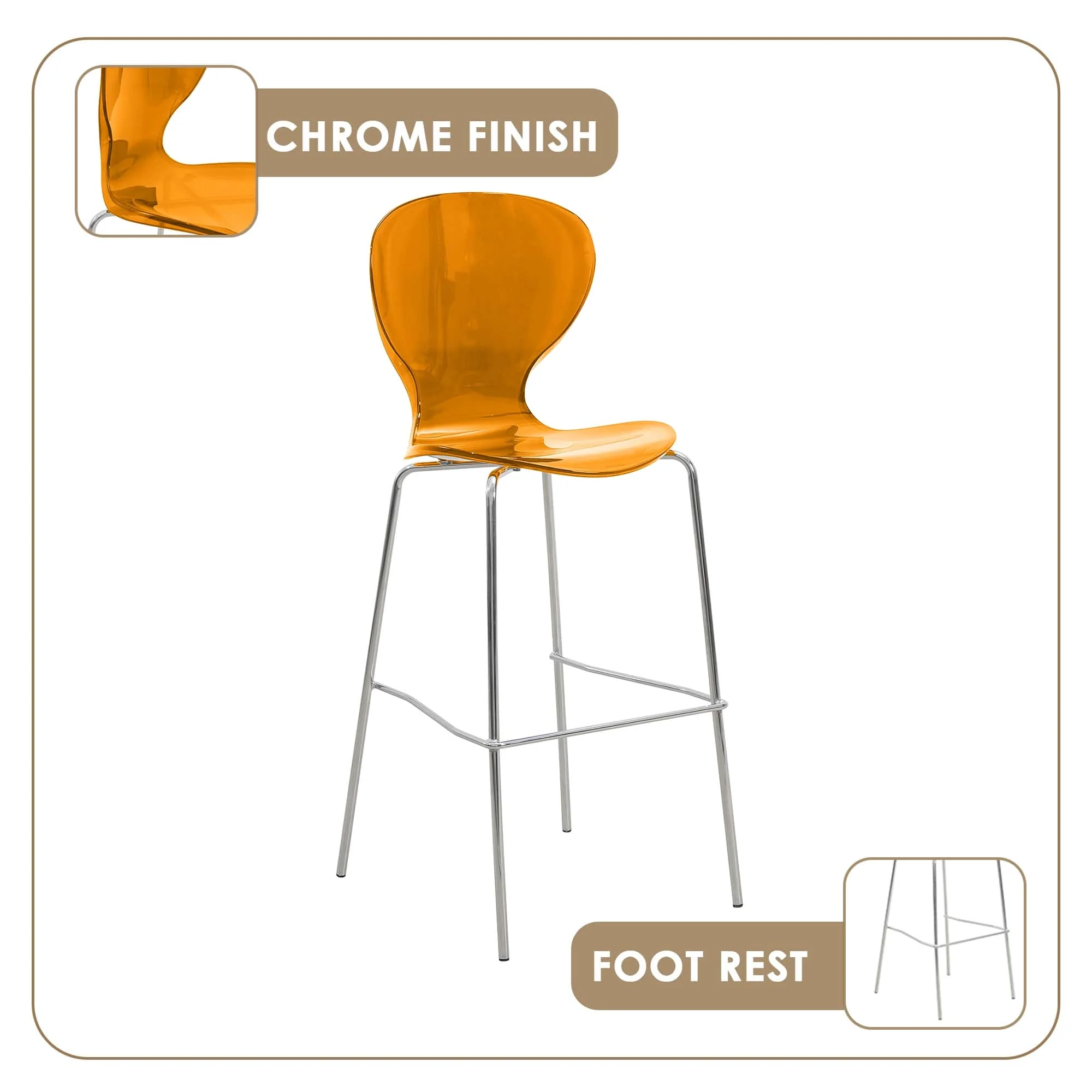Oyster Acrylic Barstool with Steel Frame in Chrome Finish in Transparent Orange