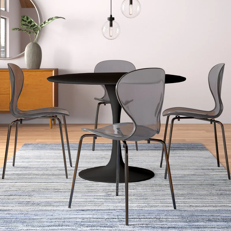 5-Piece Dining Set Round Black MDF Dining Table and 4 Plastic Dining Chairs with Black Base