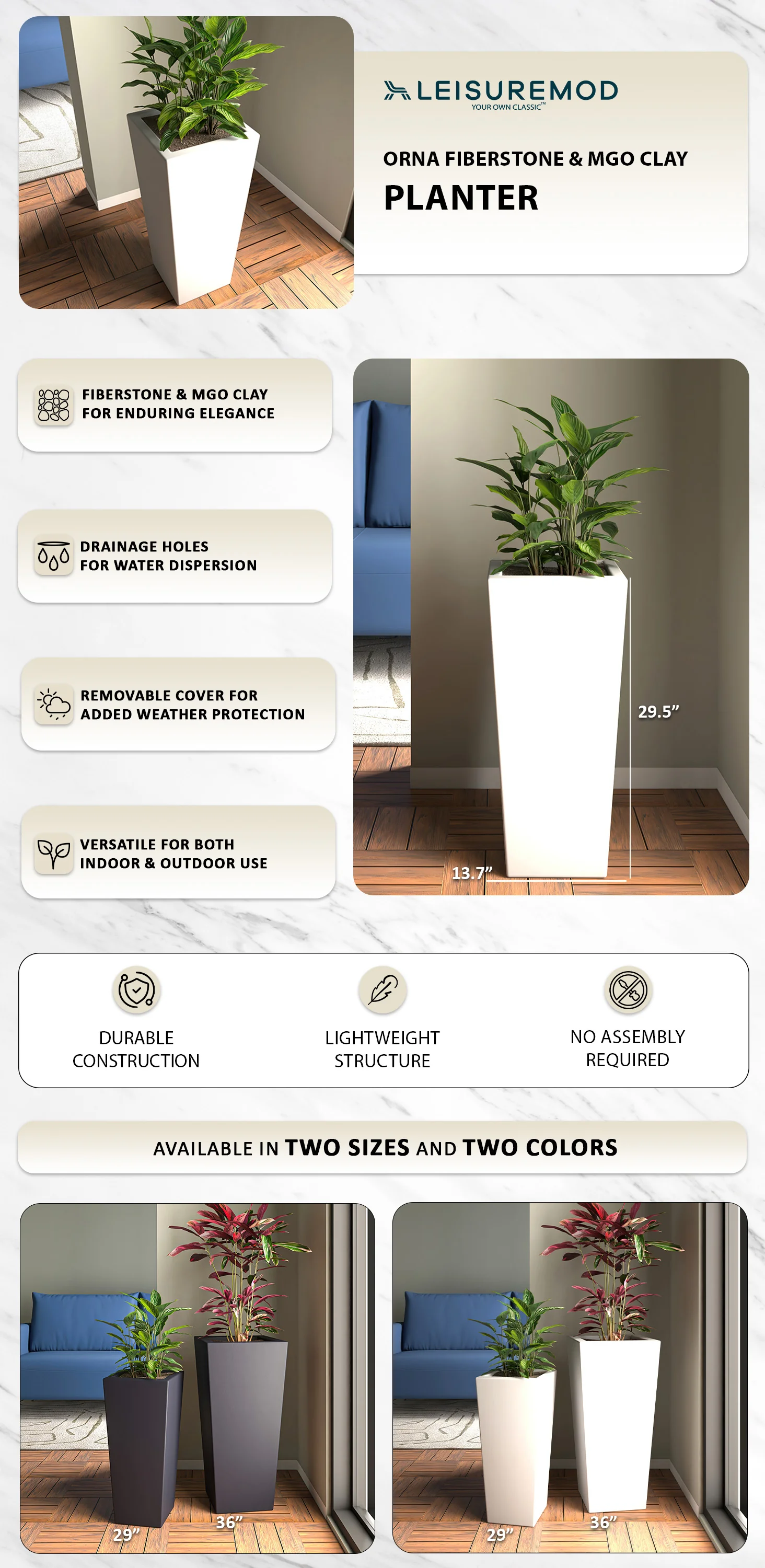 Orna Series Poly Stone Planter 13.8 Dia 29.4 High in White