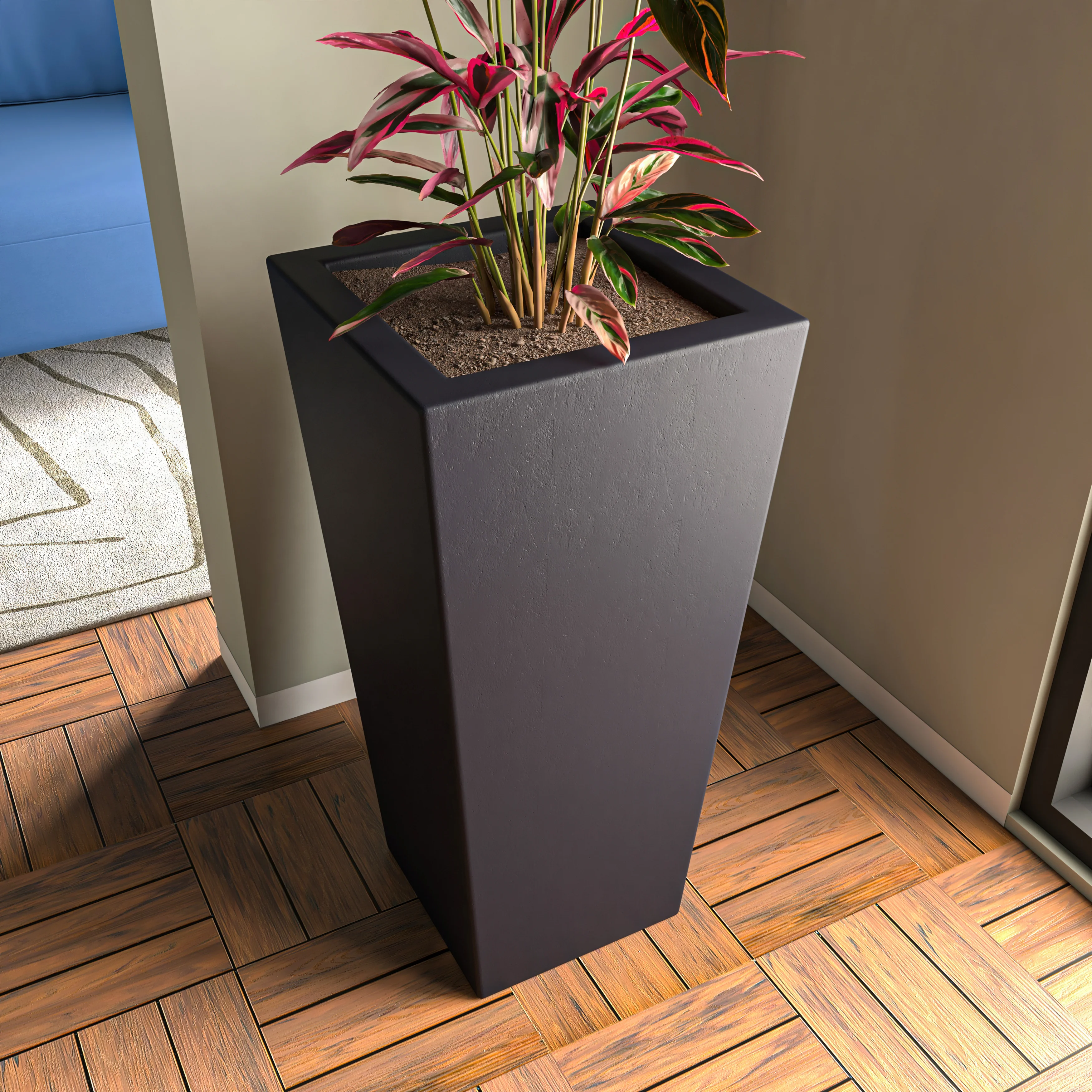 Orna Series Poly Stone Planter 17.7 Dia 36.2 High in Black