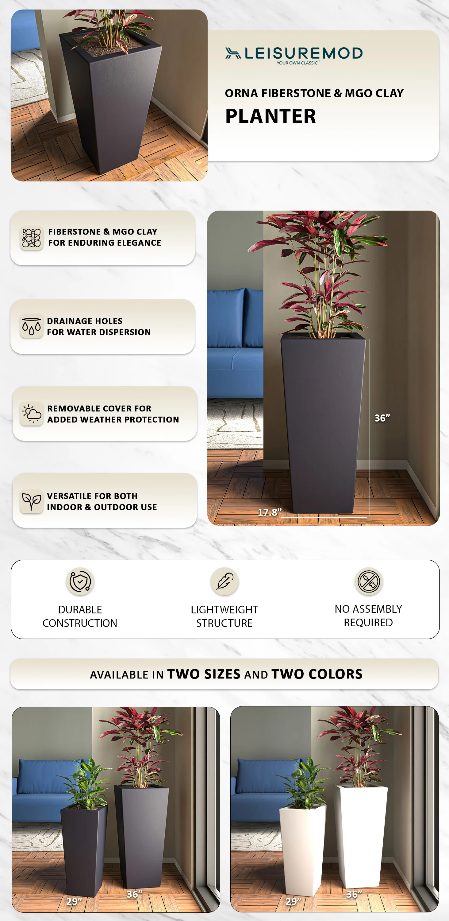 Orna Series Poly Stone Planter 17.7 Dia 36.2 High in Black