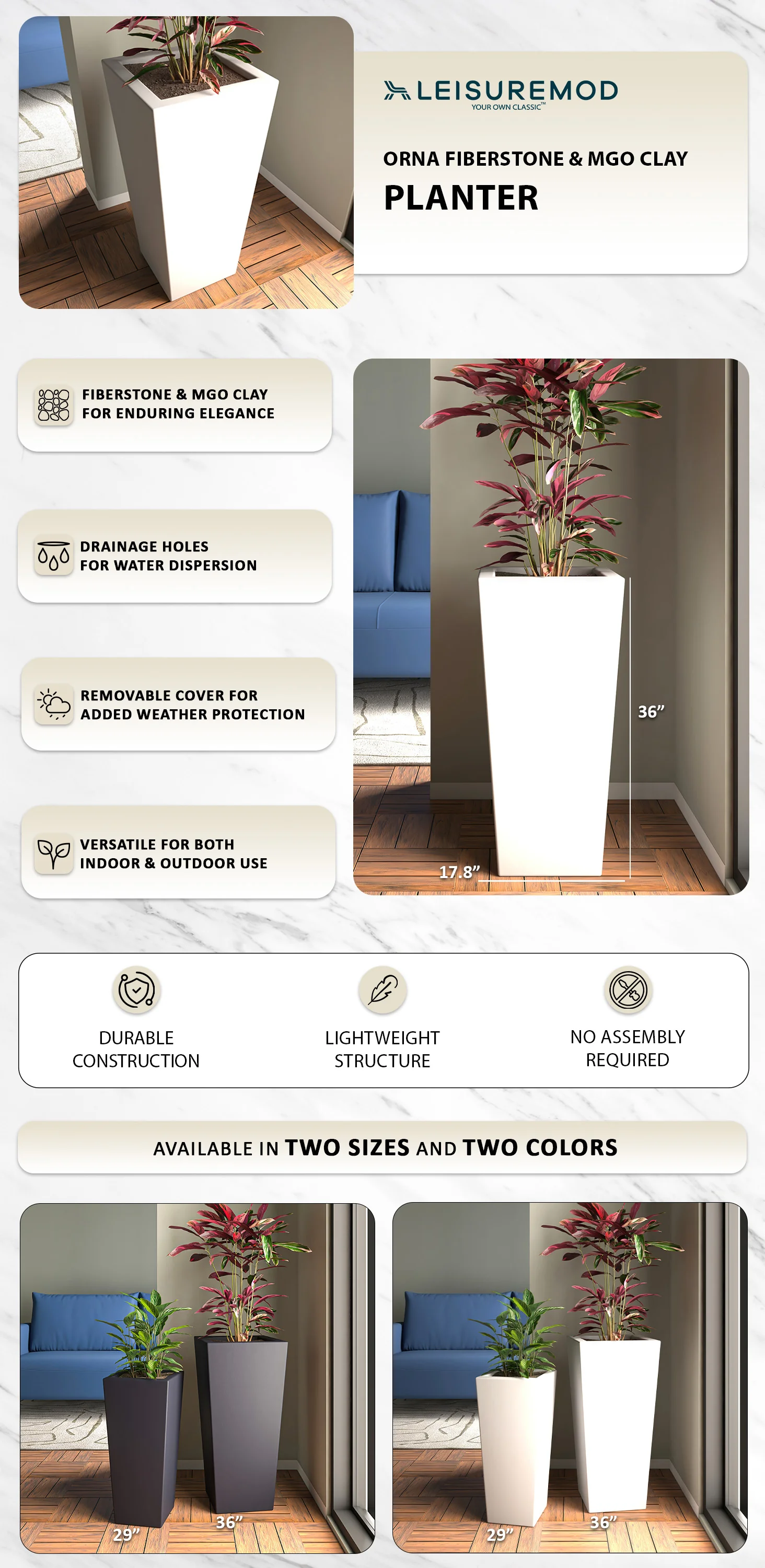 Orna Series Poly Stone Planter 17.7 Dia 36.2 High in White