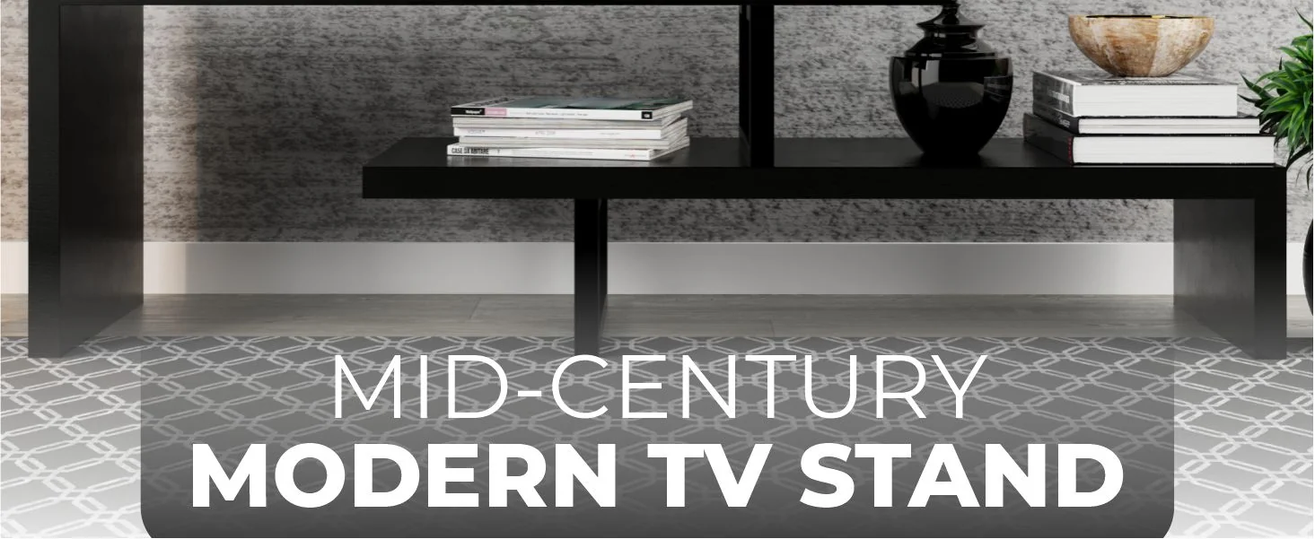 Orford Mid-Century Modern TV Stand with MDF Shelves and Powder Coated Iron Legs in Ebony