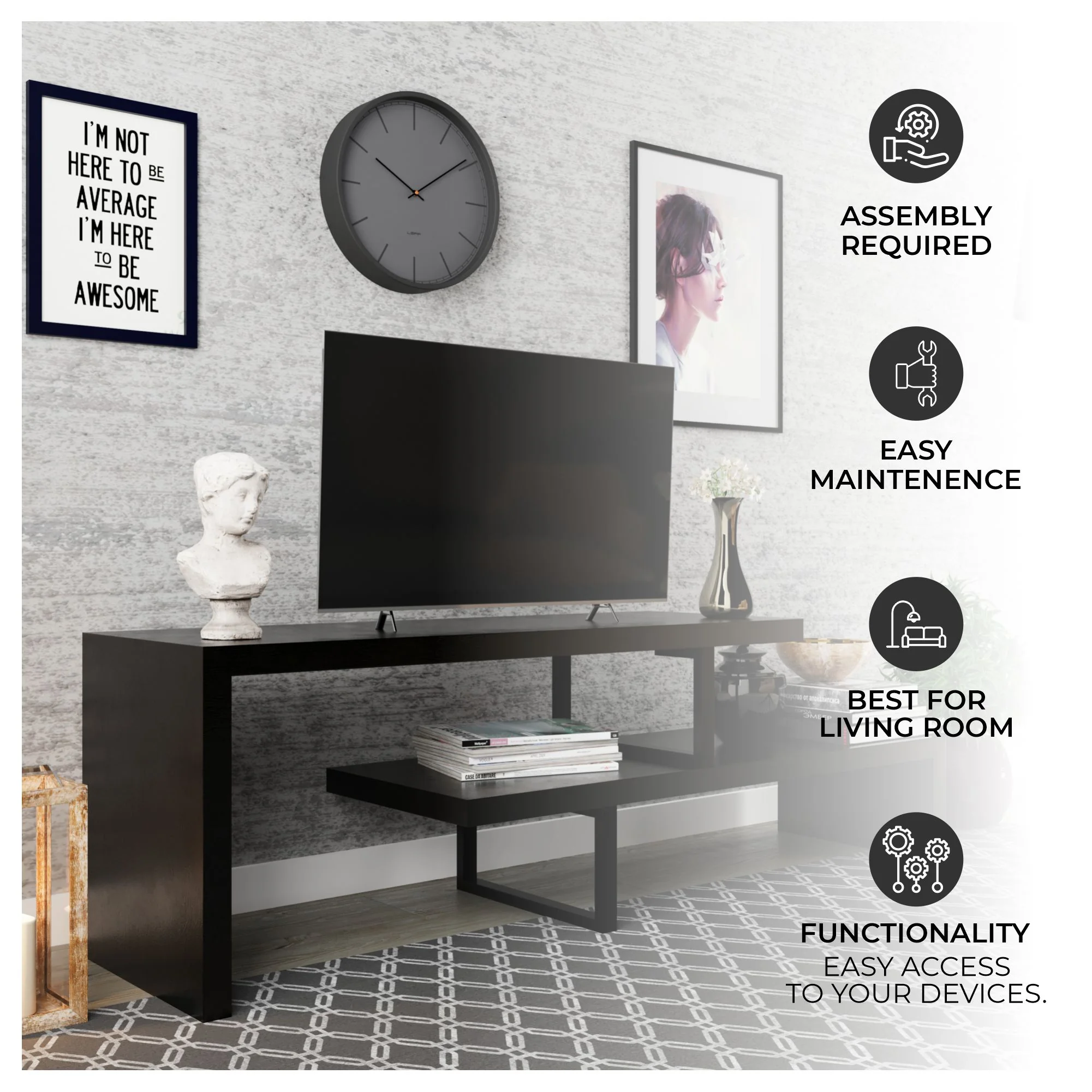 Orford Mid-Century Modern TV Stand with MDF Shelves and Powder Coated Iron Legs in Ebony