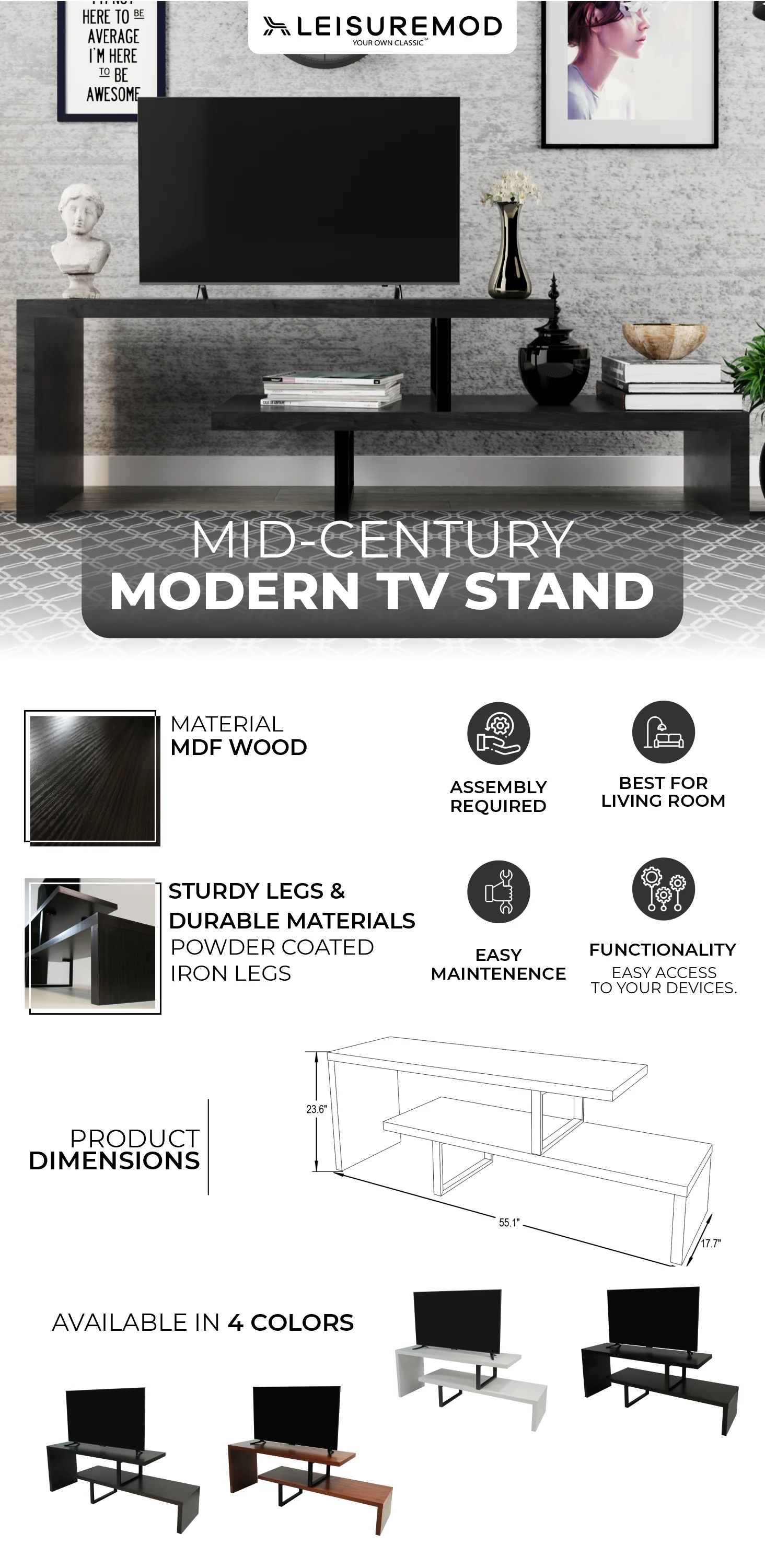 Orford Mid-Century Modern TV Stand with MDF Shelves and Powder Coated Iron Legs in Phantom Grey