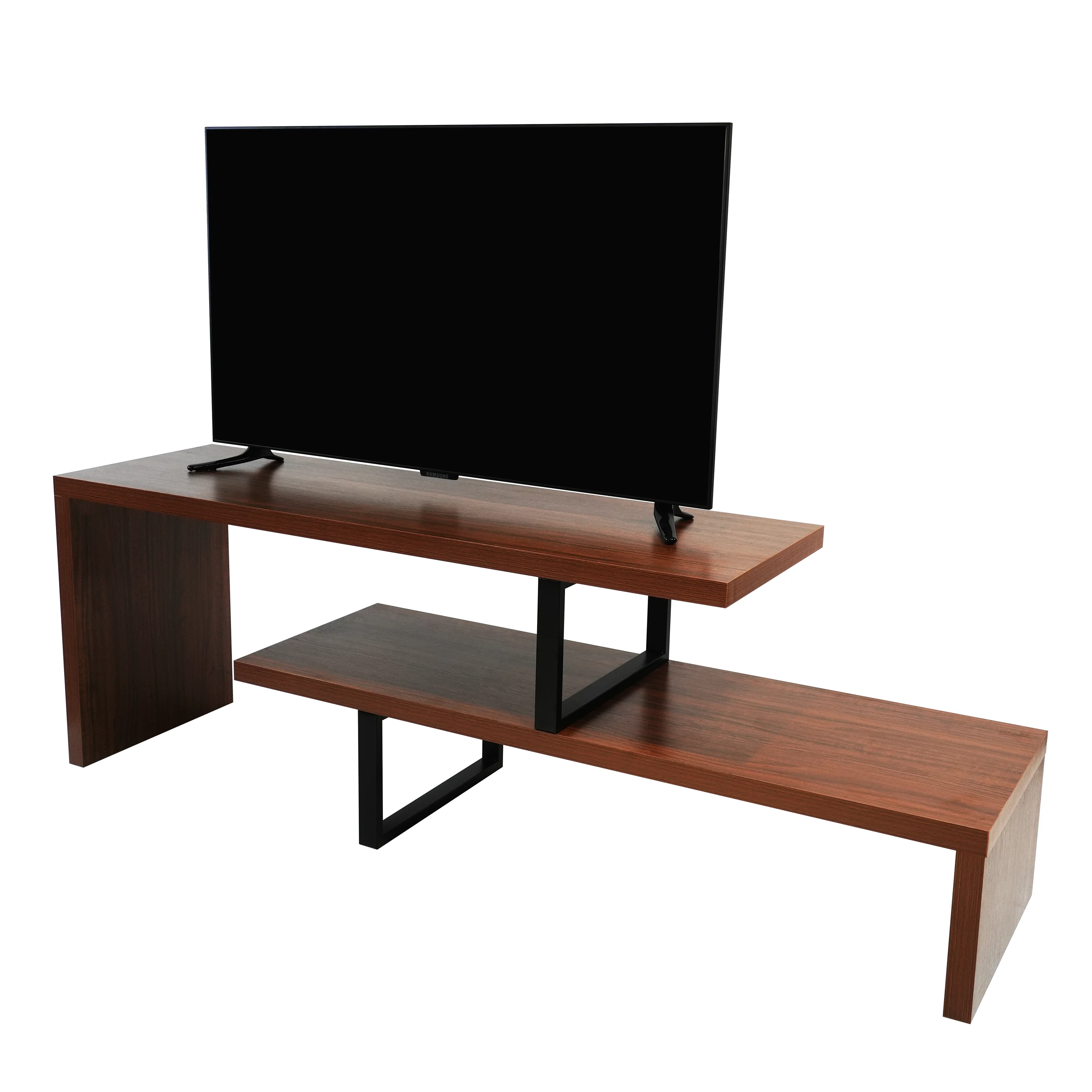 Orford Mid-Century Modern TV Stand with MDF Shelves and Powder Coated Iron Legs in Walnut