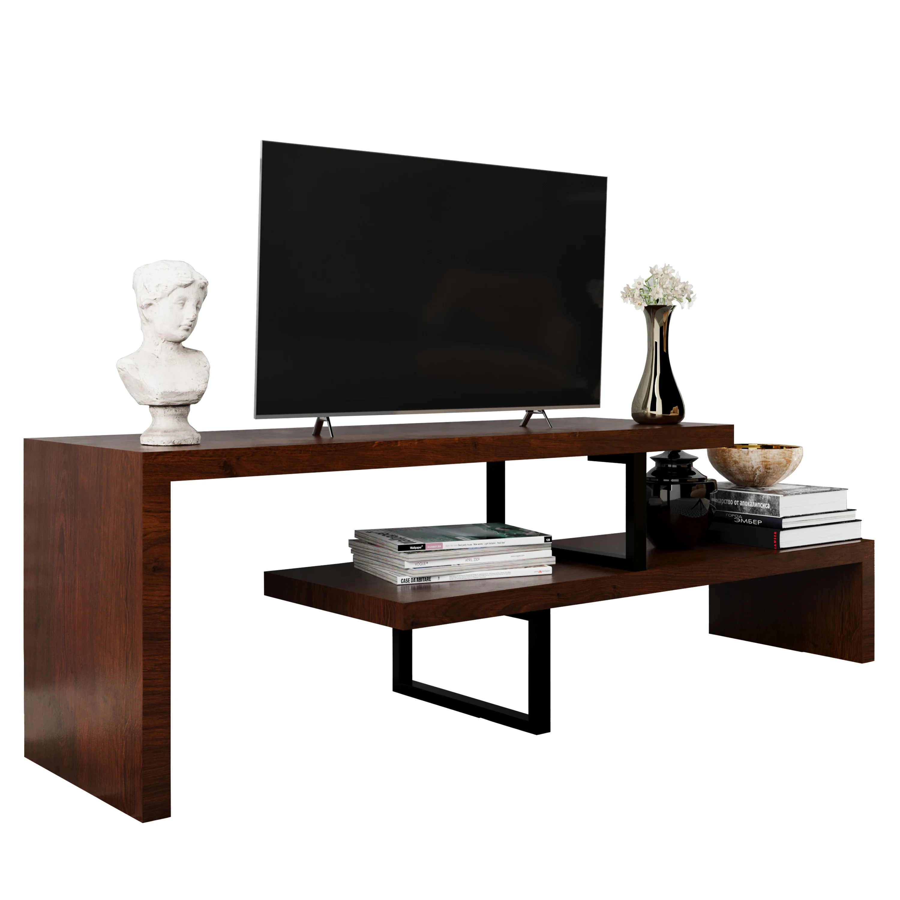 Orford Mid-Century Modern TV Stand with MDF Shelves and Powder Coated Iron Legs in Walnut