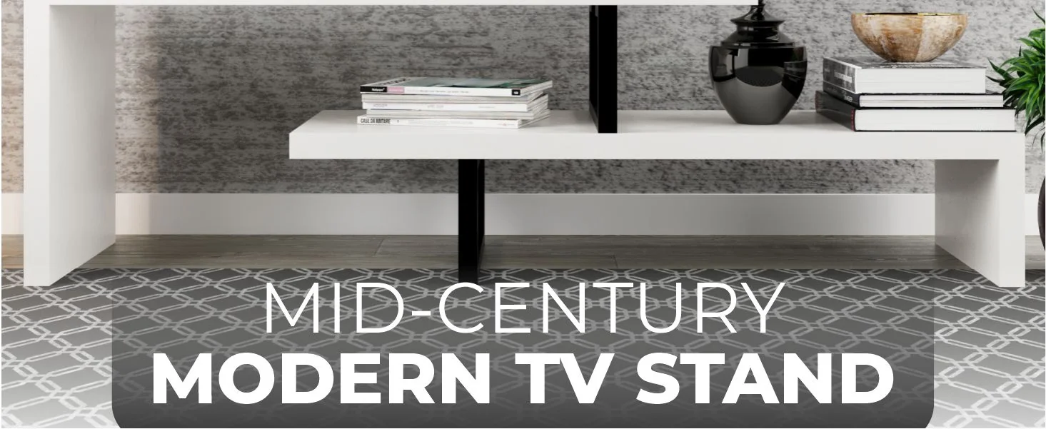 Orford Mid-Century Modern TV Stand with MDF Shelves and Powder Coated Iron Legs in White