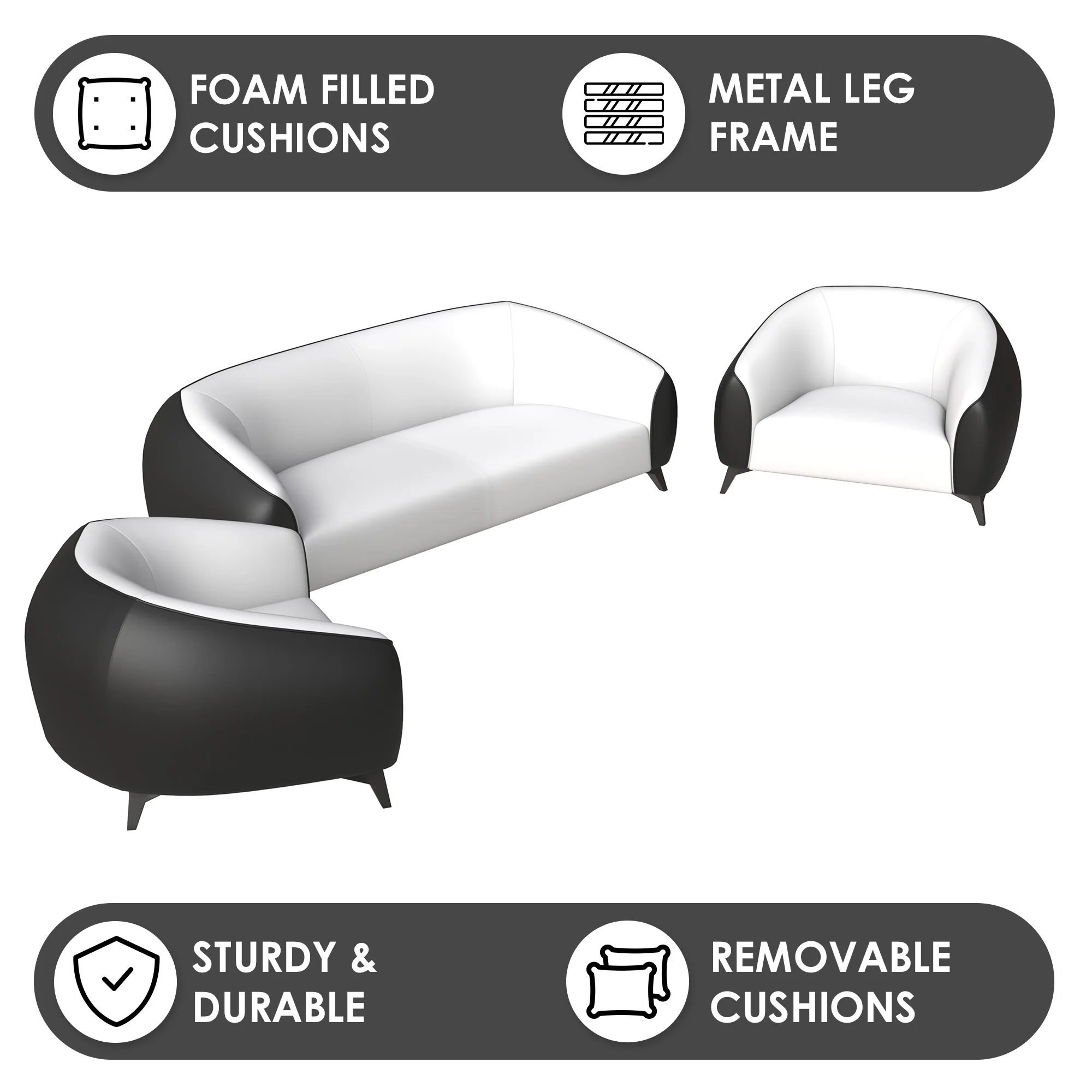 Opula Collection Sofa Set, 2 Single Seaters, and 3 seater In Black\White