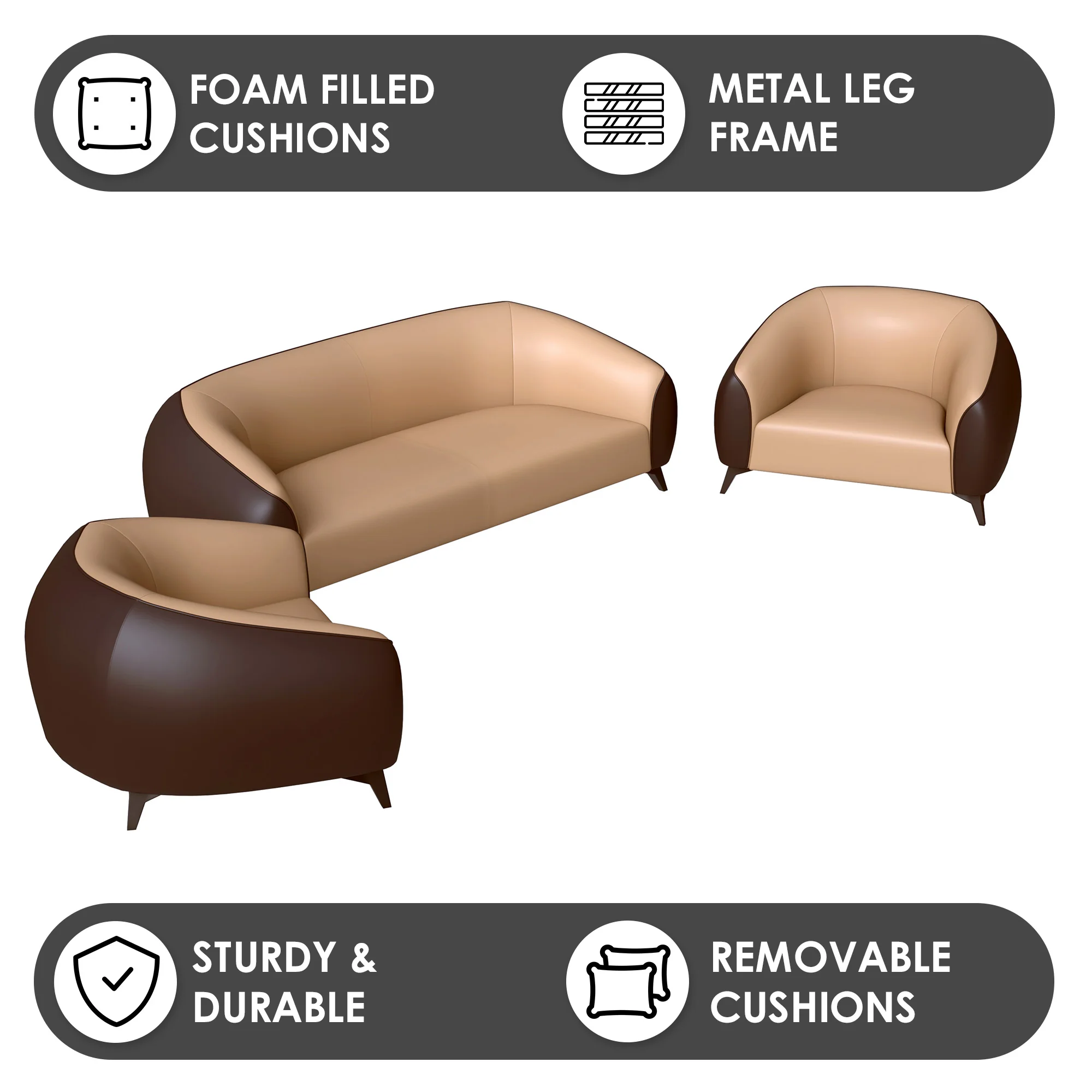 Opula Collection Sofa Set, 2 Single Seaters, and 3 seater In Brown