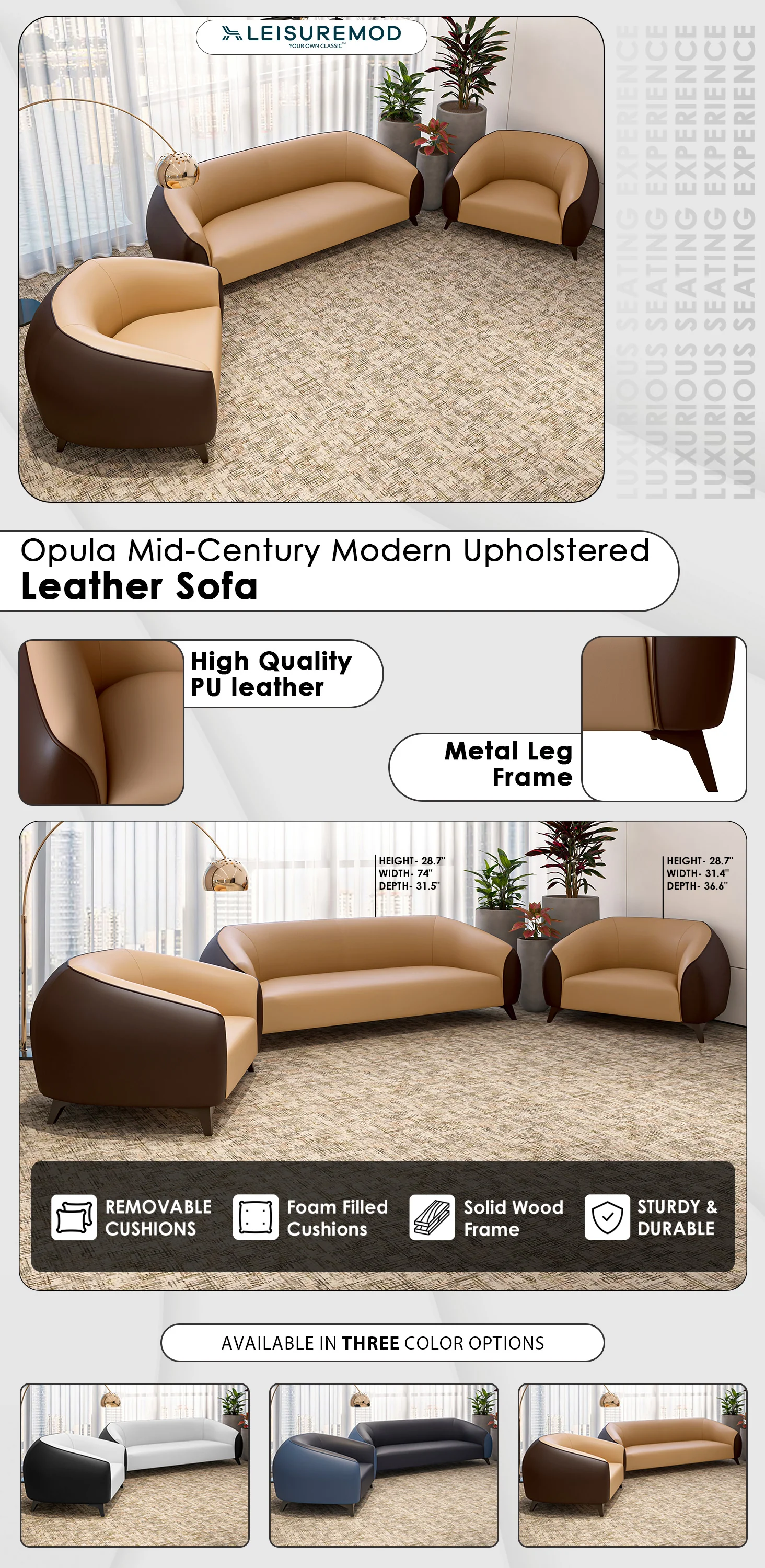 Opula Collection Sofa Set, 2 Single Seaters, and 3 seater In Brown