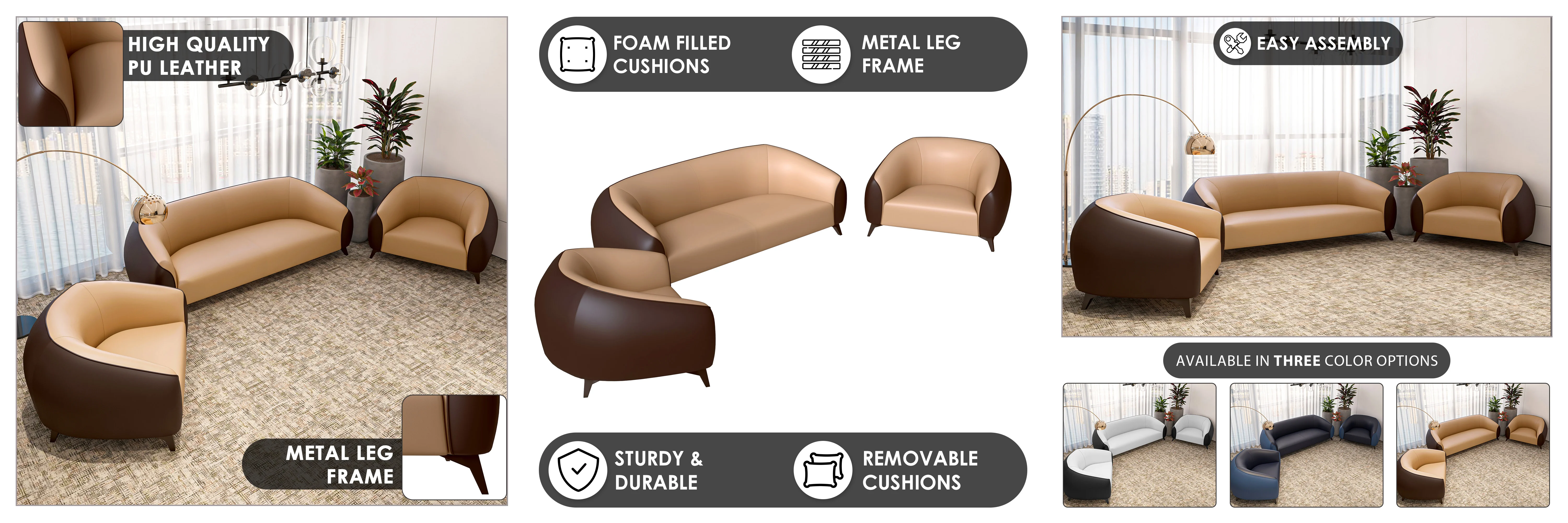 Opula Collection Sofa Set, 2 Single Seaters, and 3 seater In Brown