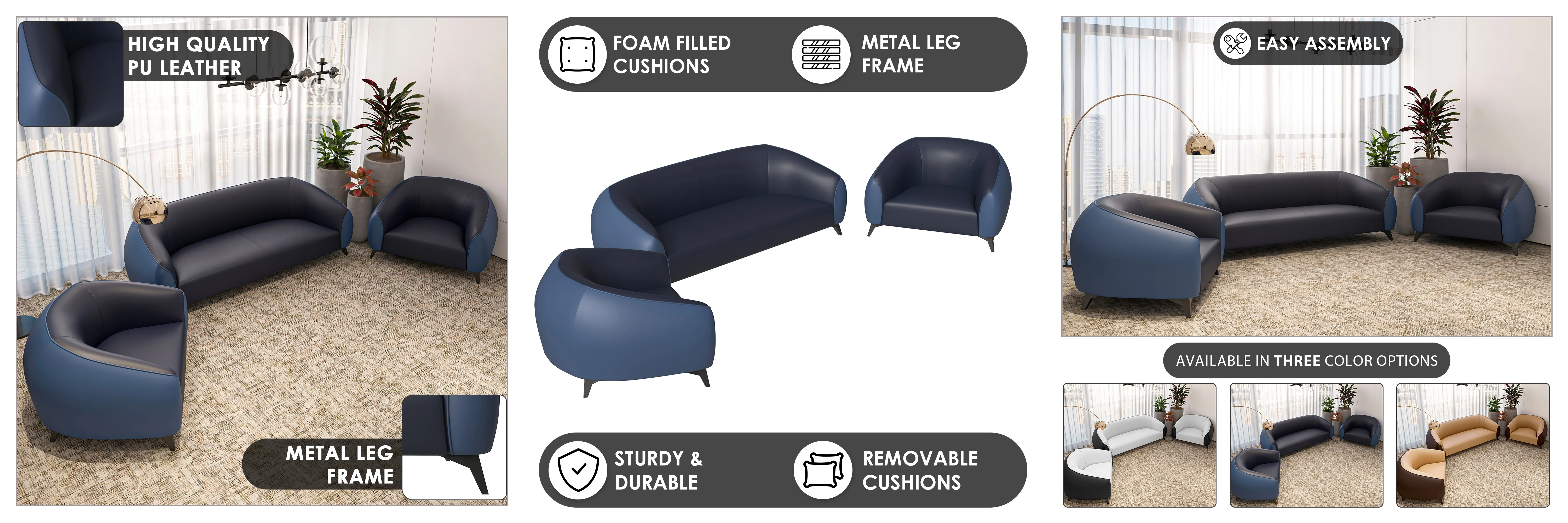 Opula Collection Sofa Set, 2 Single Seaters, and 3 seater In Blue