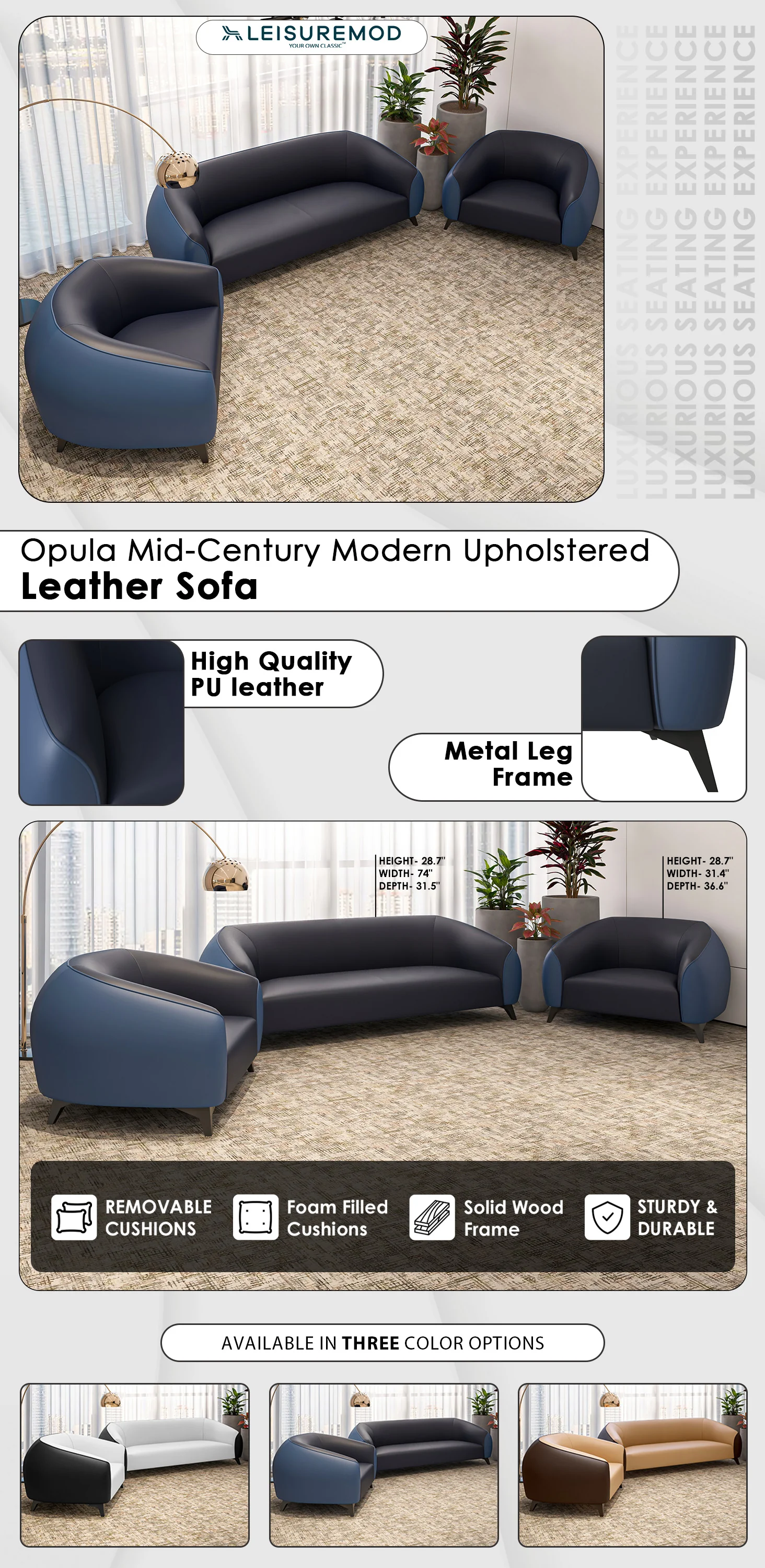 Opula Collection Sofa Set, 2 Single Seaters, and 3 seater In Blue