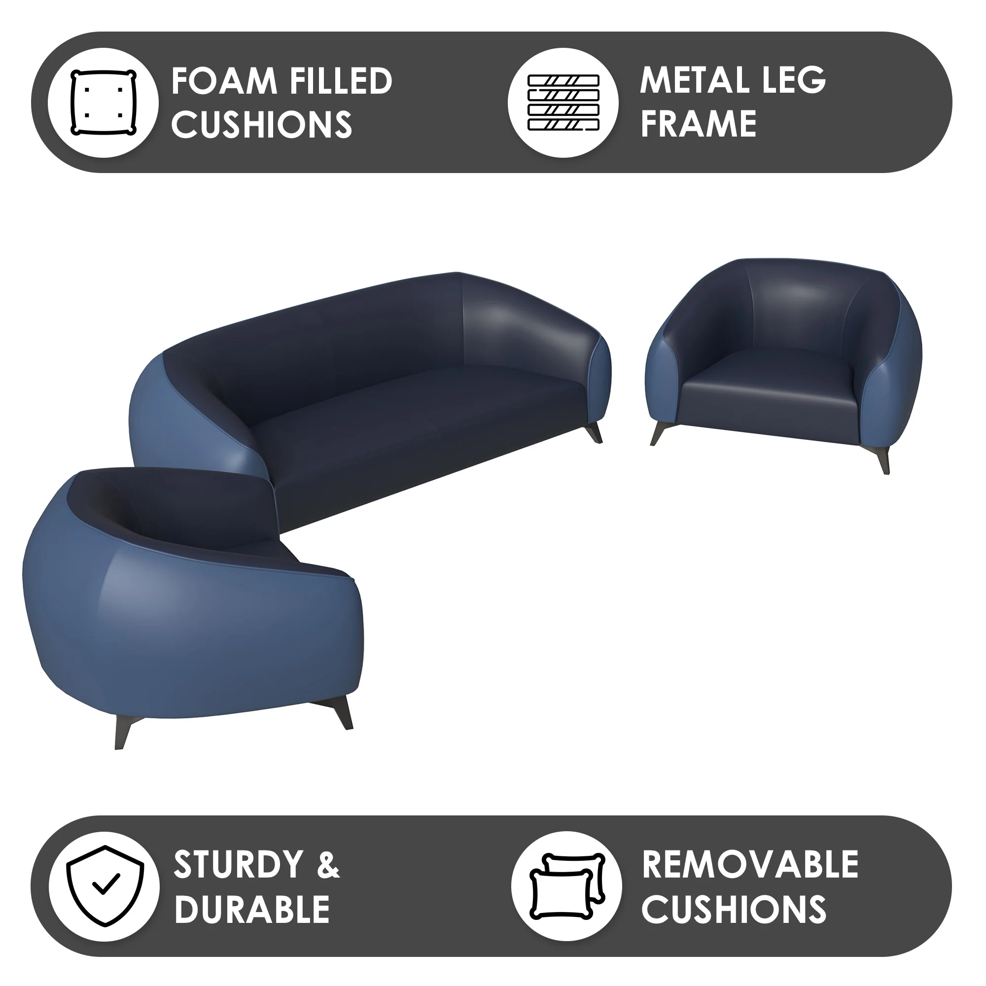 Opula Collection Sofa Set, 2 Single Seaters, and 3 seater In Blue