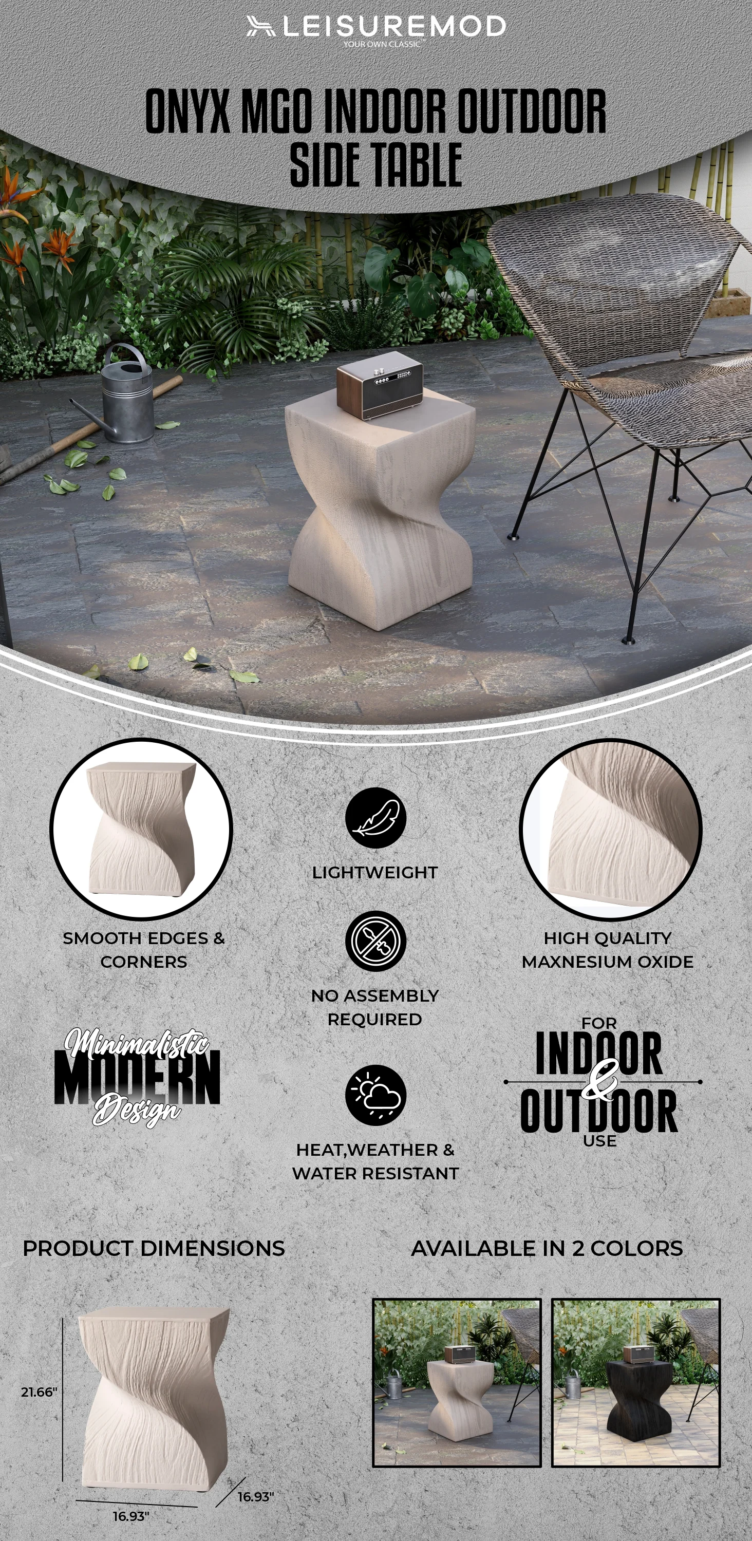 Onyx Collection Fiberglass Outdoor Side Table in Black