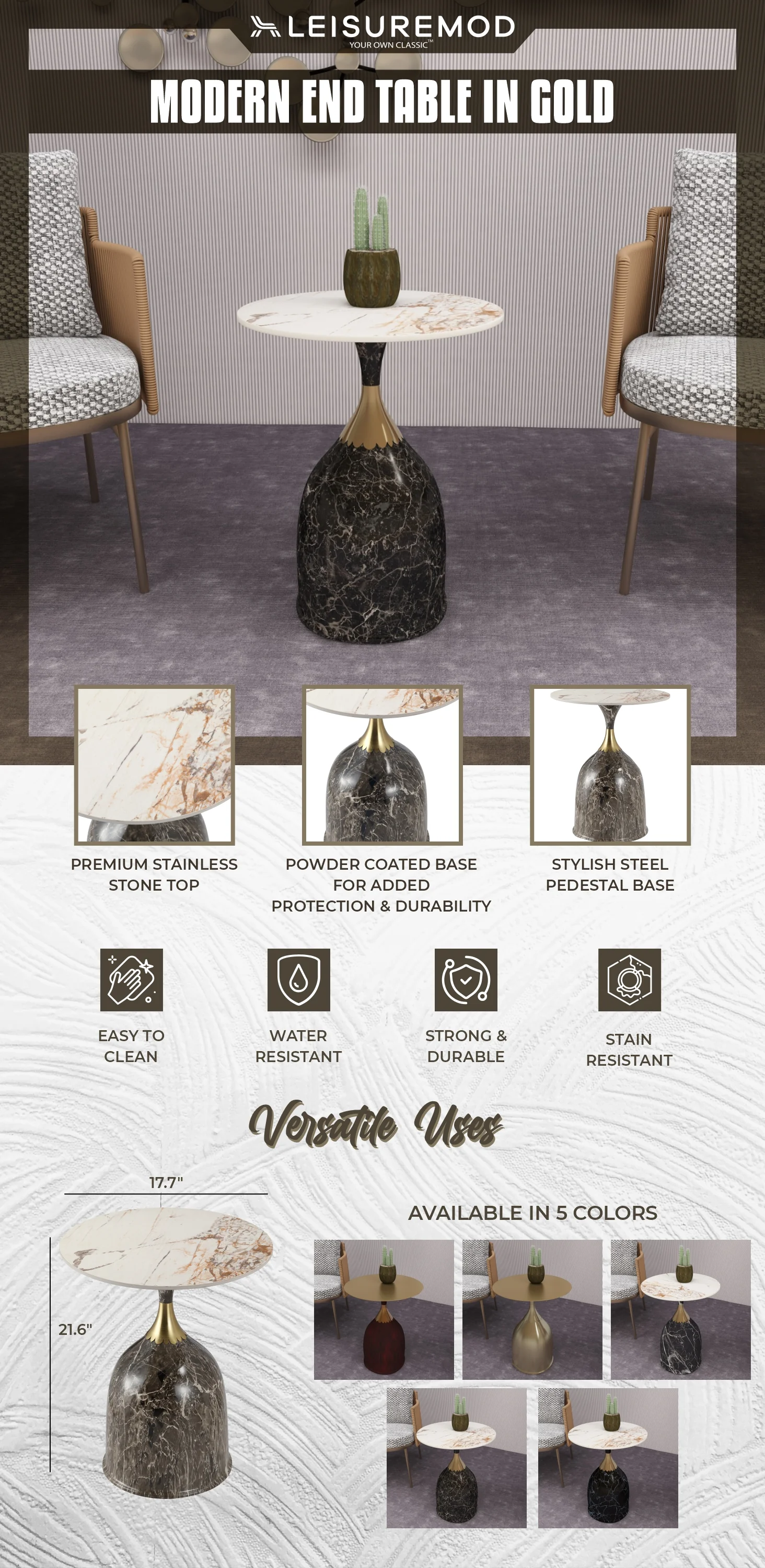 Oslo Collection Modern End Table In Marbled Brown