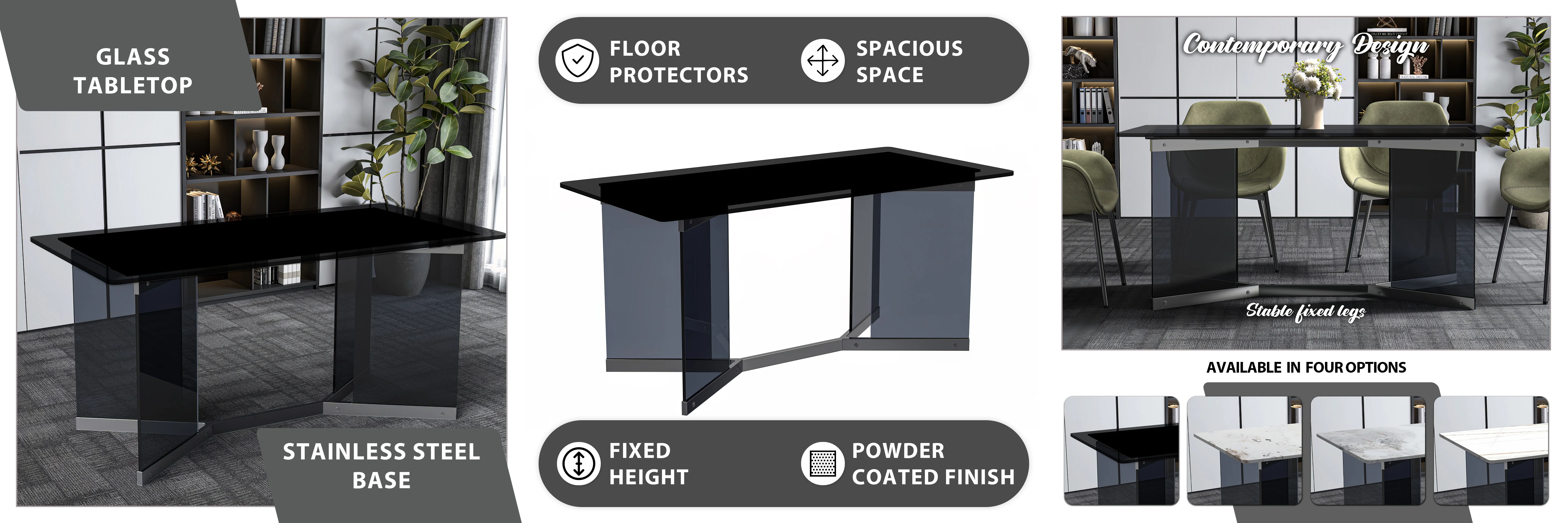 Oryn Series Modern Dining Table Black Glass and Steel Base, With 55 Black Glass Top