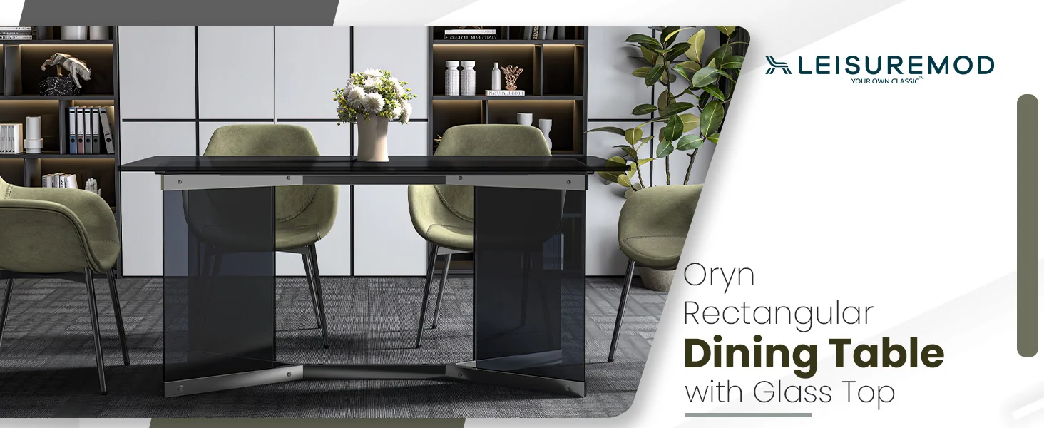 Oryn Series Modern Dining Table Black Glass and Steel Base, With 55 Black Glass Top