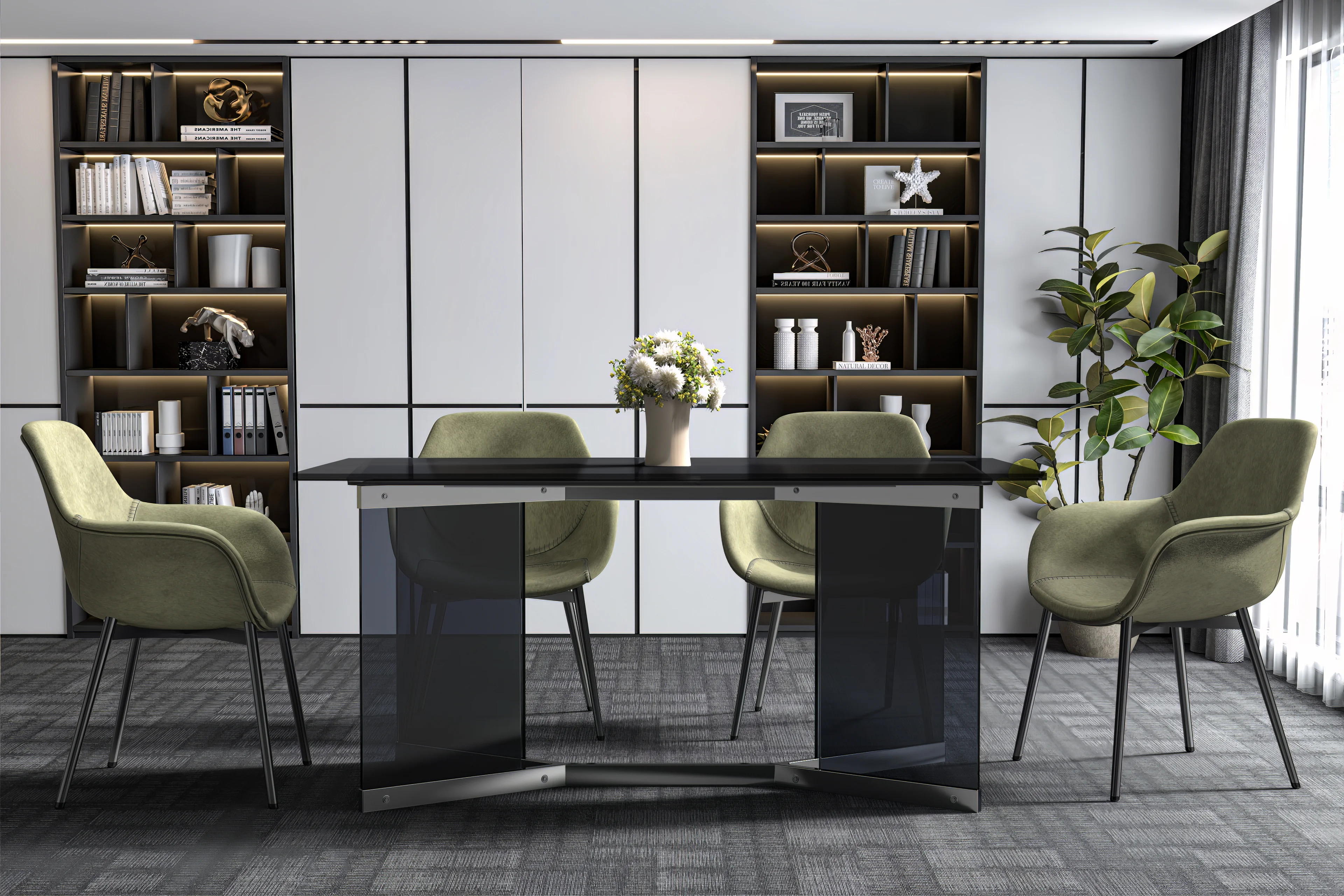 Oryn Series Modern Dining Table Black Glass and Steel Base, With 55 Black Glass Top