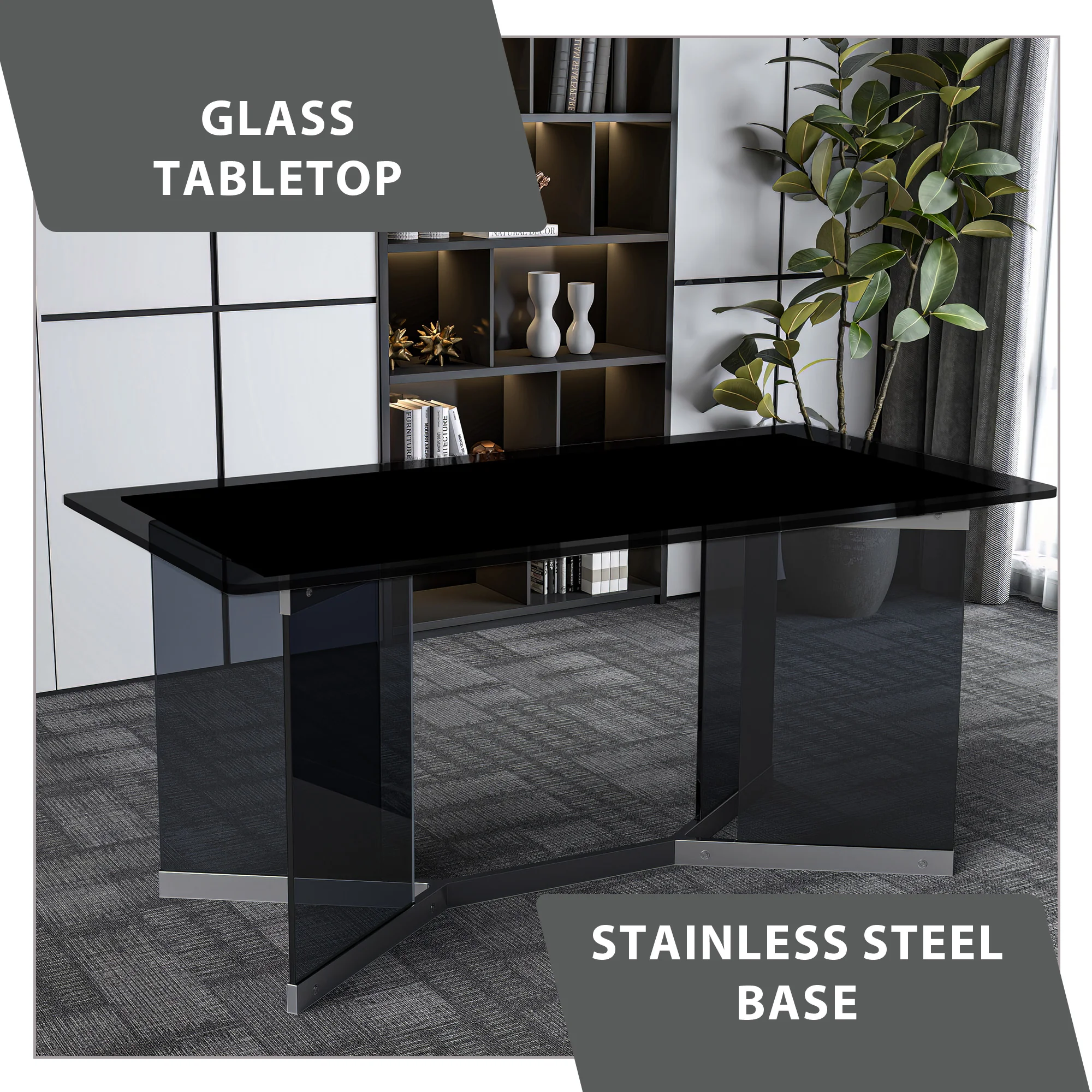 Oryn Series Modern Dining Table Black Glass and Steel Base, With 55 Black Glass Top
