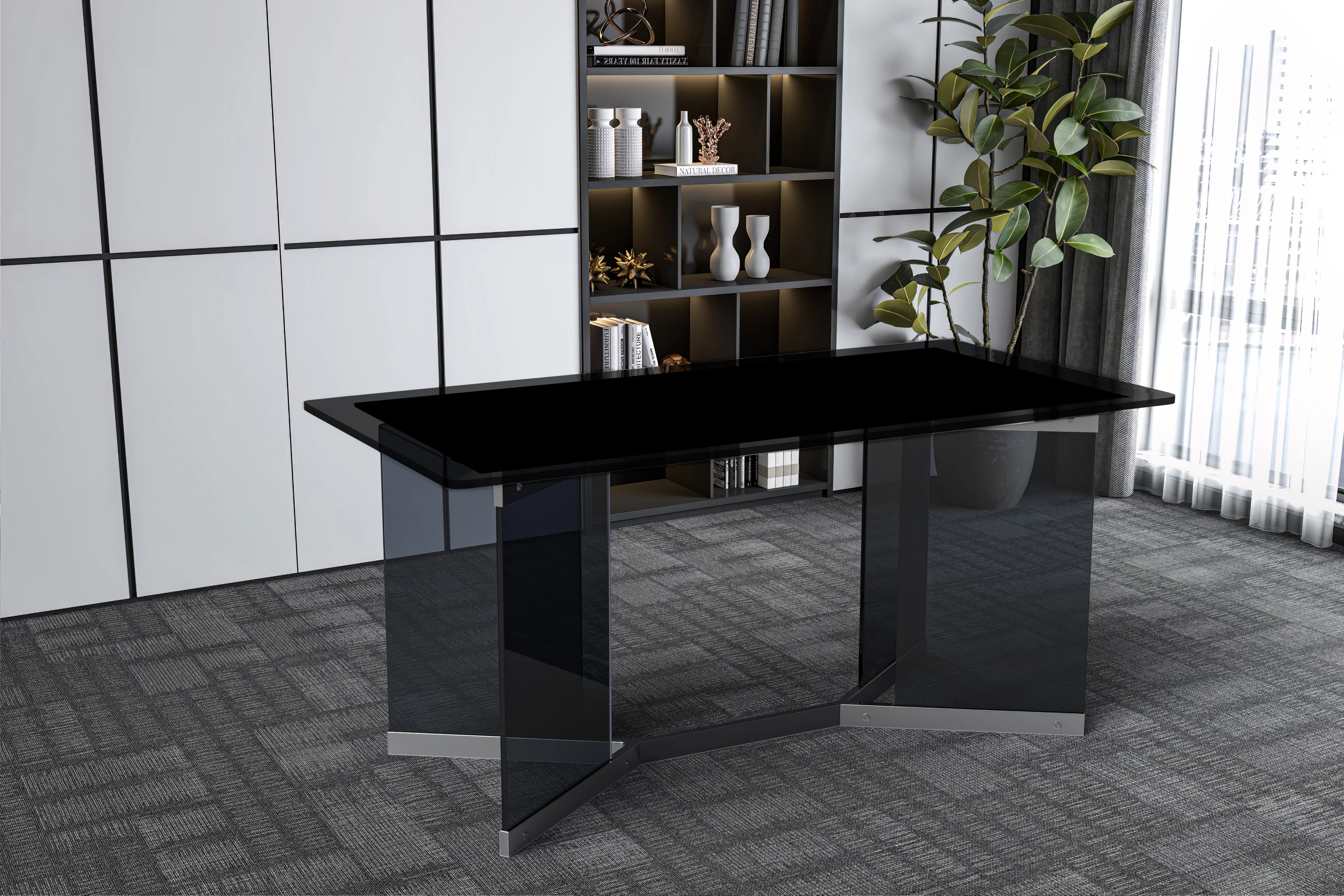 Oryn Series Modern Dining Table Black Glass and Steel Base, With 55 Black Glass Top