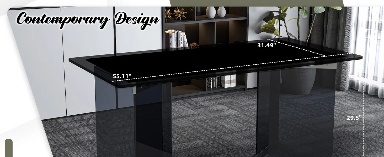Oryn Series Modern Dining Table Black Glass and Steel Base, With 55 Black Glass Top