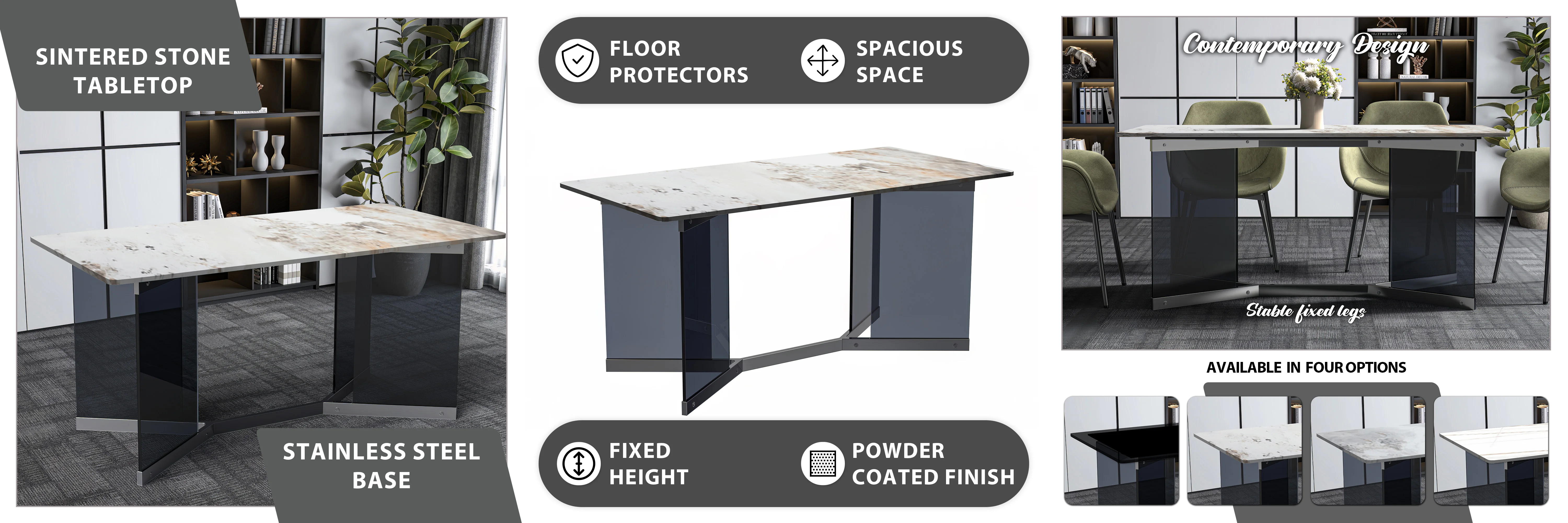 Oryn Series Modern Dining Table Black Glass and Steel Base, With 55 White Grey Sintered Stone Top