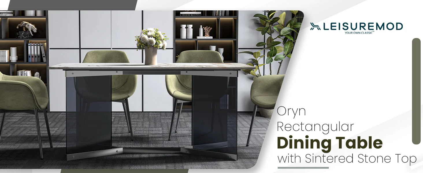 Oryn Series Modern Dining Table Black Glass and Steel Base, With 55 White Grey Sintered Stone Top