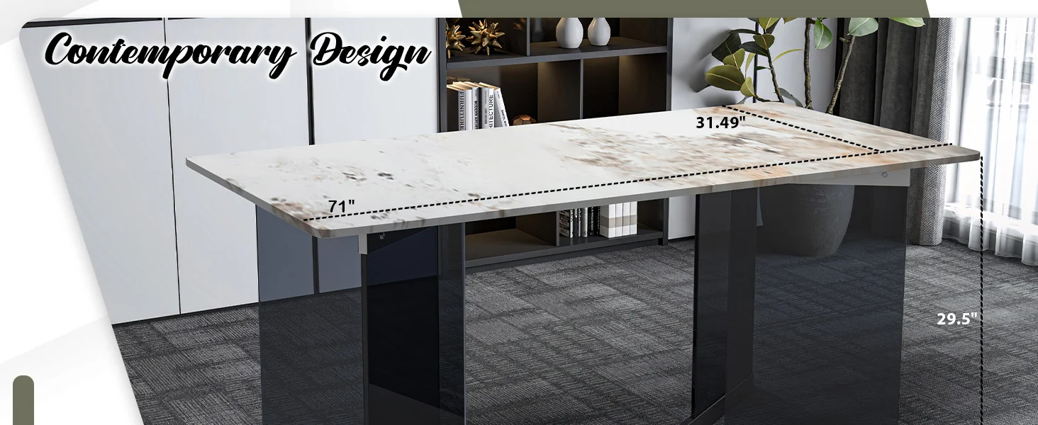 Oryn Series Modern Dining Table Black Glass and Steel Base, With 55 White Grey Sintered Stone Top