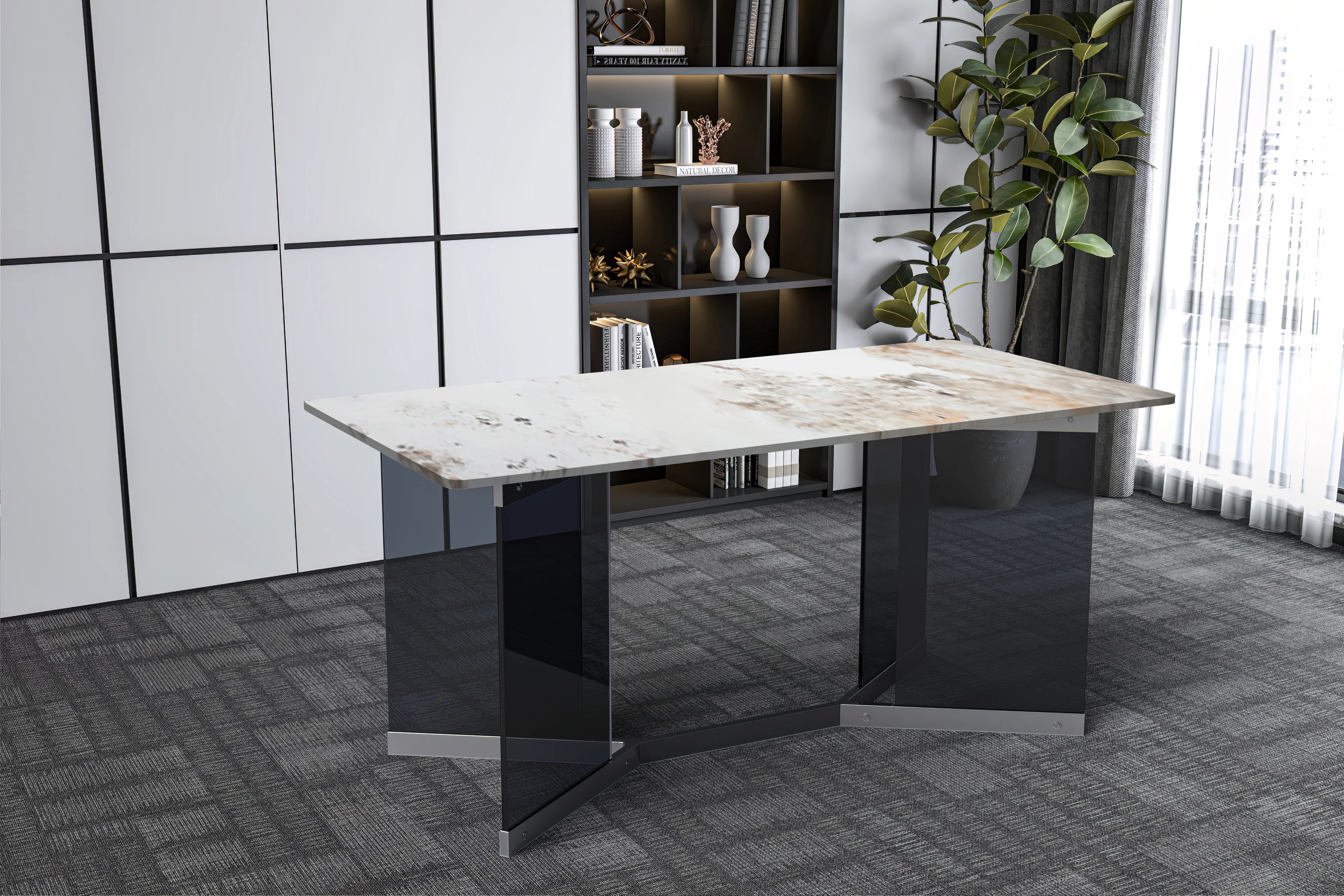 Oryn Series Modern Dining Table Black Glass and Steel Base, With 55 White Grey Sintered Stone Top