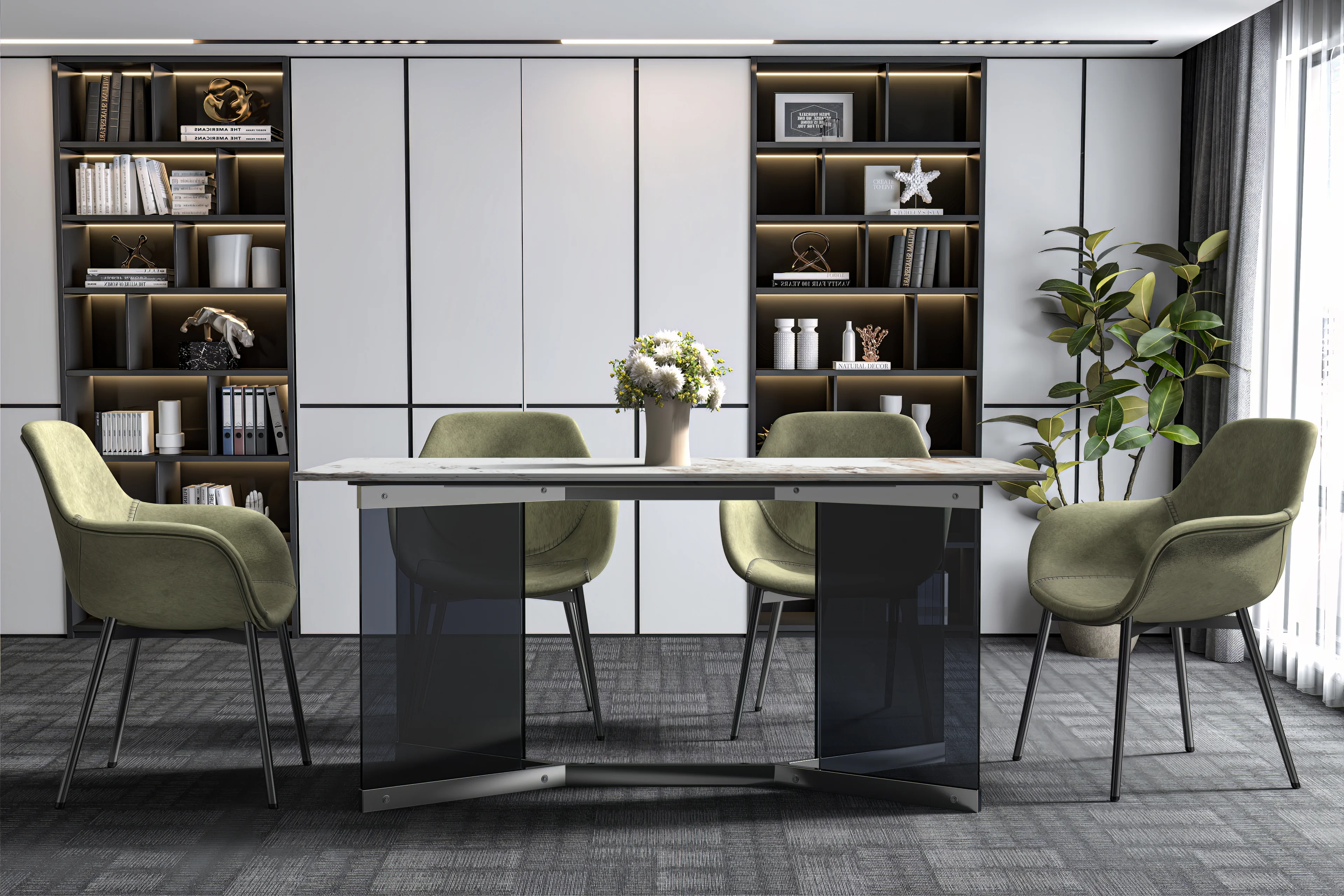 Oryn Series Modern Dining Table Black Glass and Steel Base, With 55 White Grey Sintered Stone Top