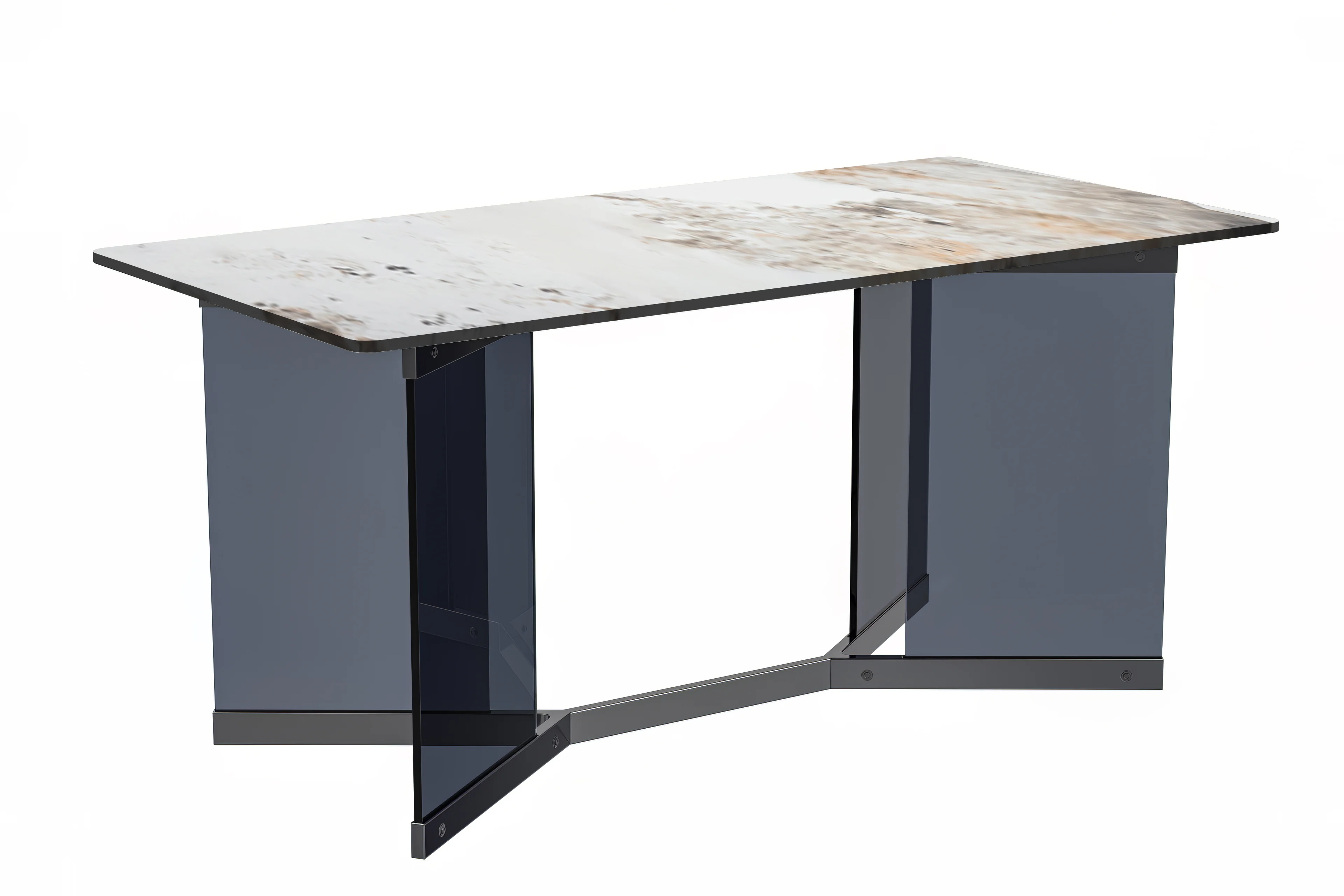 Oryn Series Modern Dining Table Black Glass and Steel Base, With 55 White Grey Sintered Stone Top