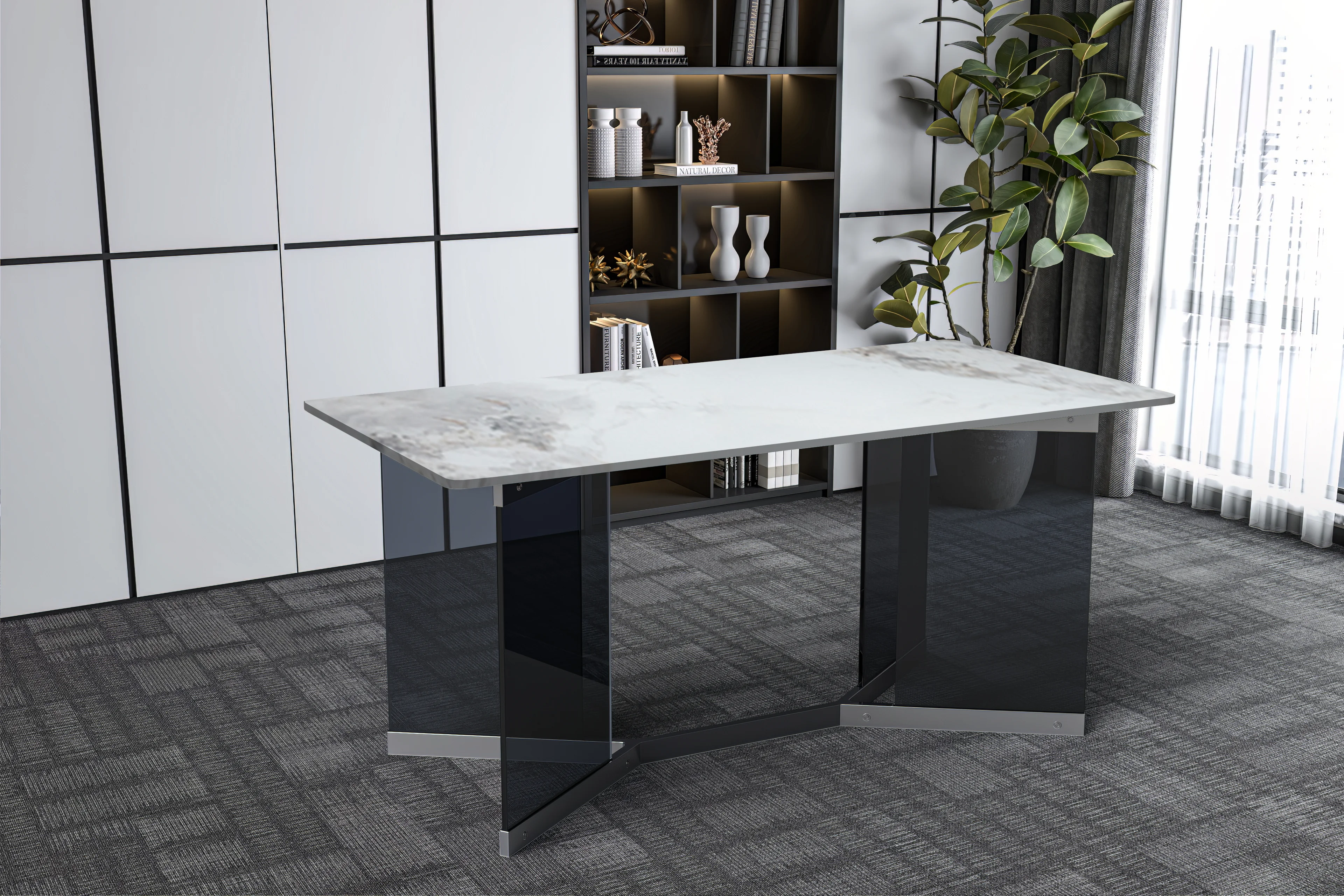 Oryn Series Modern Dining Table Black Glass and Steel Base, With 55 Medium Grey Sintered Stone Top