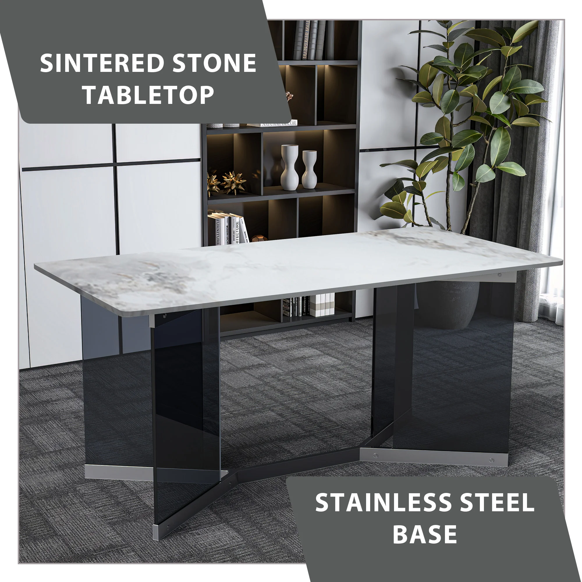 Oryn Series Modern Dining Table Black Glass and Steel Base, With 55 Medium Grey Sintered Stone Top