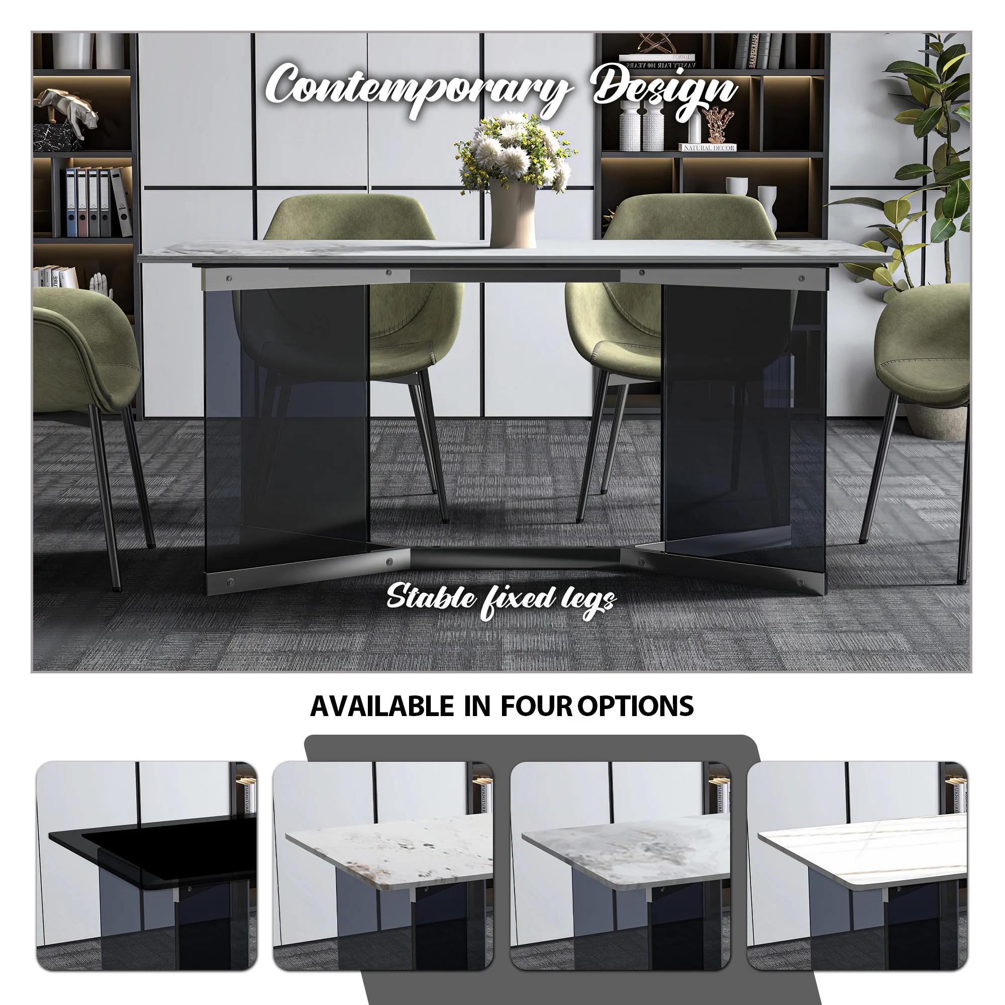 Oryn Series Modern Dining Table Black Glass and Steel Base, With 55 Medium Grey Sintered Stone Top