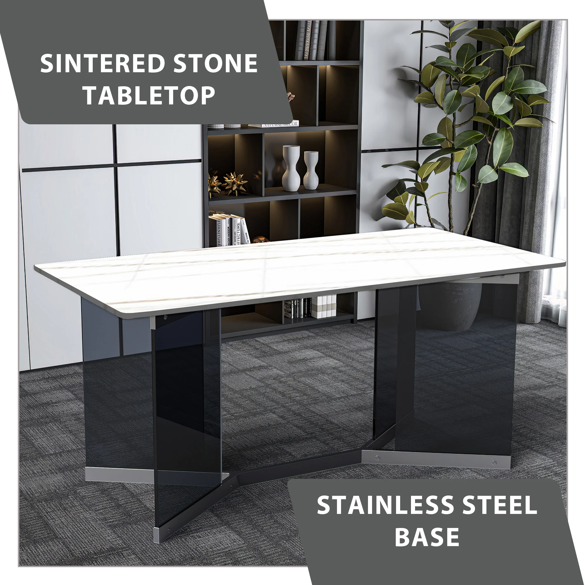 Oryn Series Modern Dining Table Black Glass and Steel Base, With 55 White/Gold Sintered Stone Top