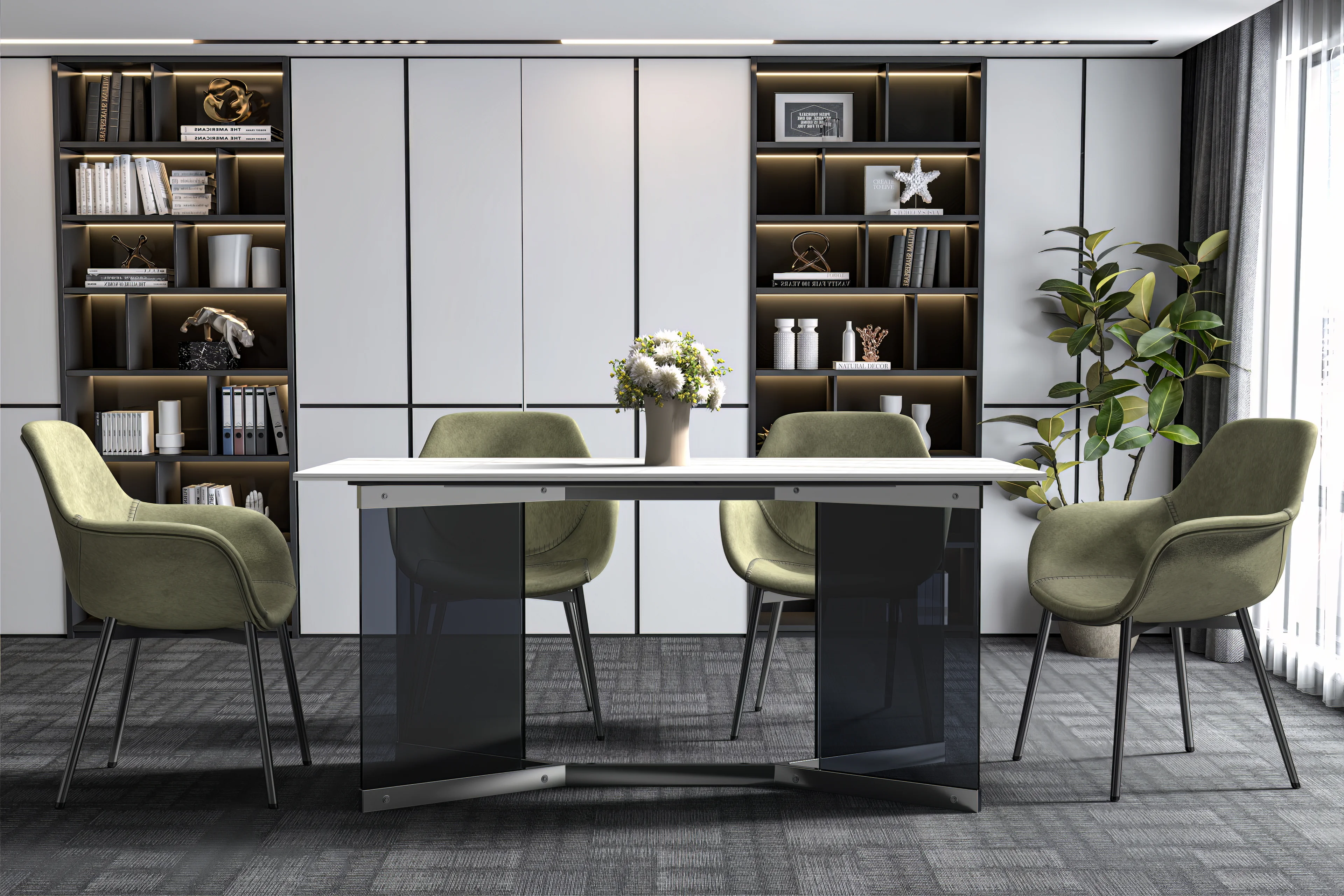 Oryn Series Modern Dining Table Black Glass and Steel Base, With 55 White/Gold Sintered Stone Top