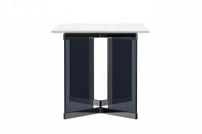 Oryn Series Modern Dining Table Black Glass and Steel Base, With 55 White/Gold Sintered Stone Top