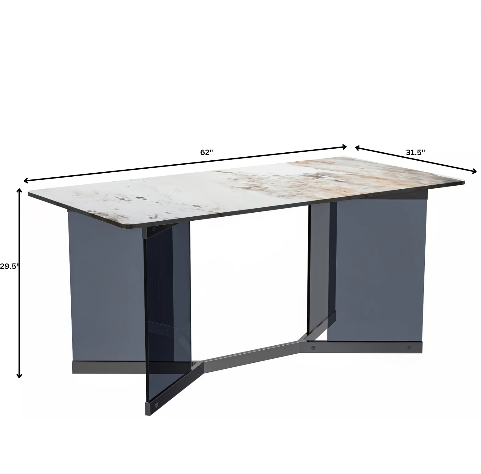 Oryn Series Modern Dining Table Black Glass and Steel Base, With 62" White Grey Sintered Stone Top