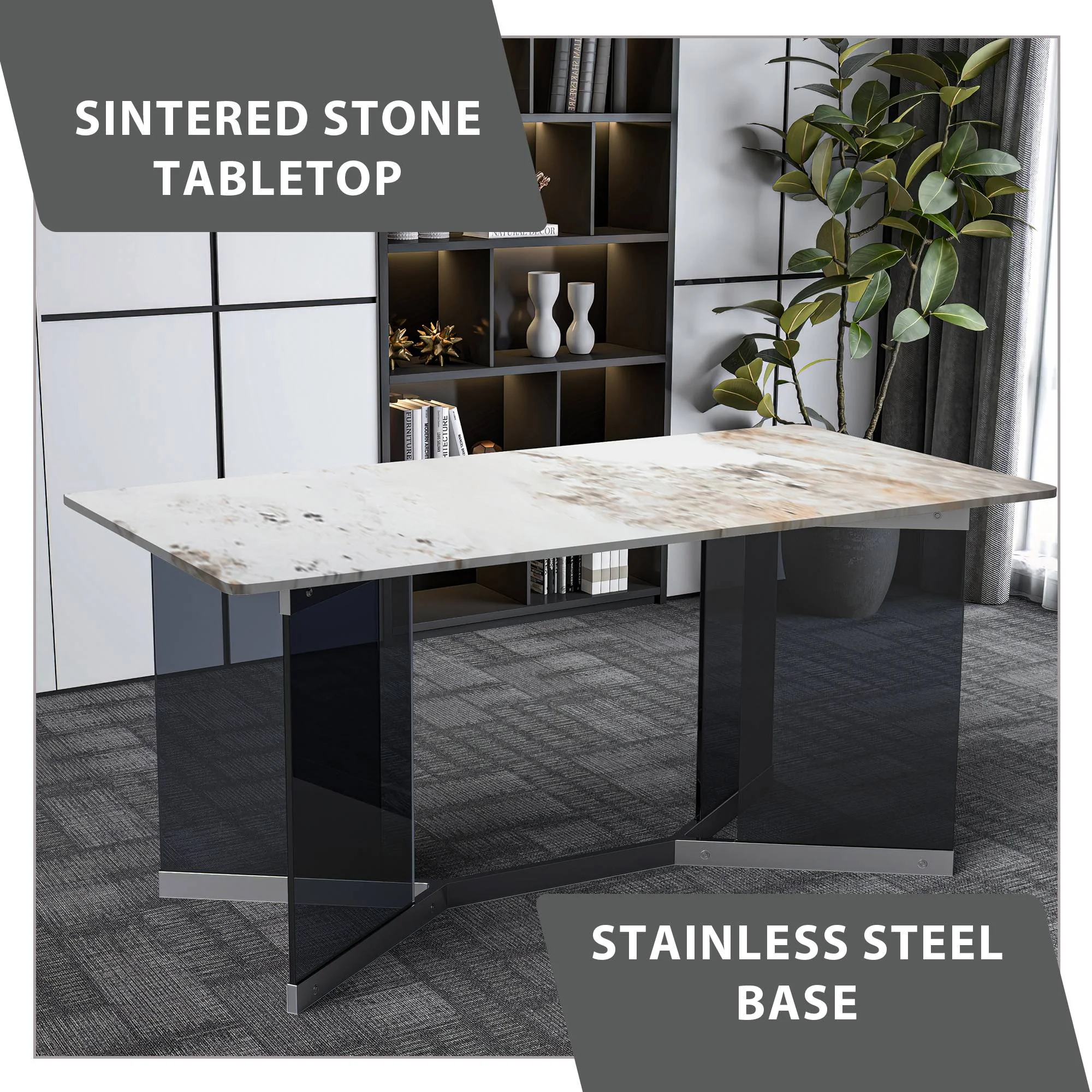 Oryn Series Modern Dining Table Black Glass and Steel Base, With 62" White Grey Sintered Stone Top