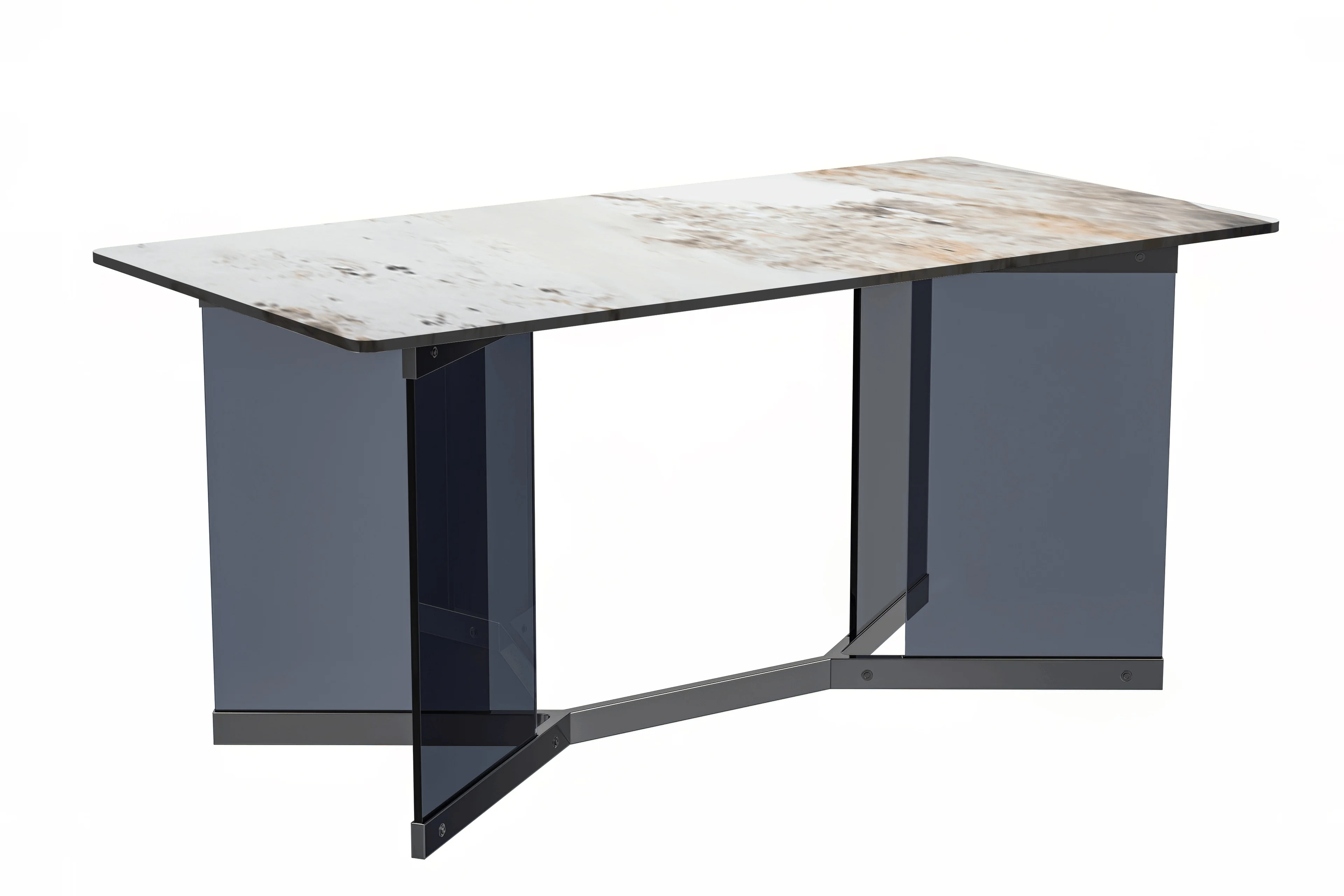 Oryn Series Modern Dining Table Black Glass and Steel Base, With 62" White Grey Sintered Stone Top