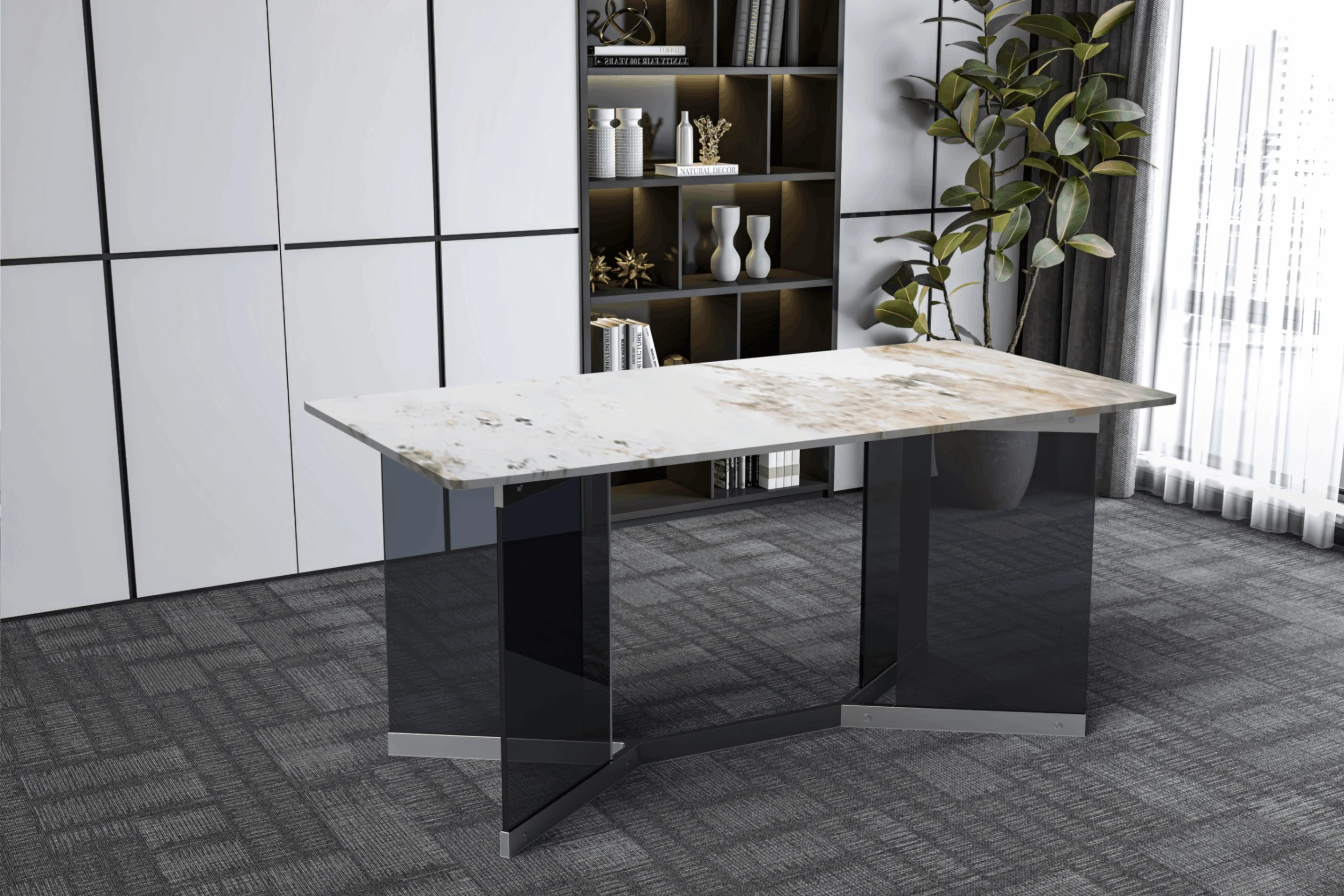 Oryn Series Modern Dining Table Black Glass and Steel Base, With 62" White Grey Sintered Stone Top