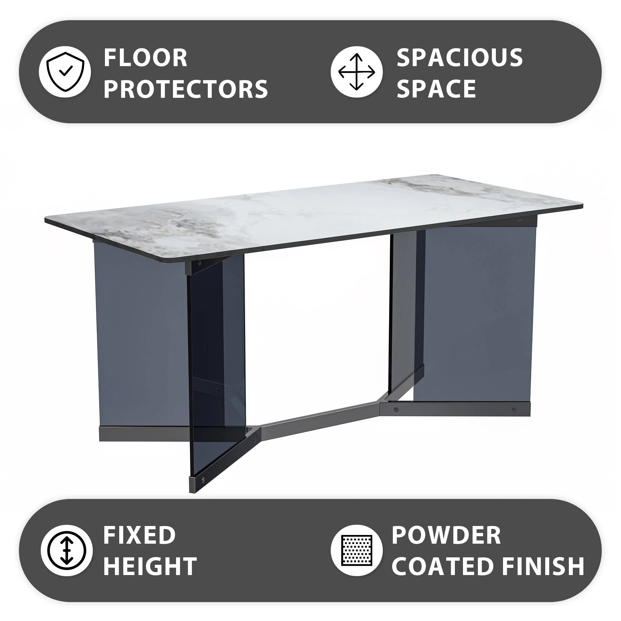 Oryn Series Modern Dining Table Black Glass and Steel Base, With 62" Medium Grey Sintered Stone Top