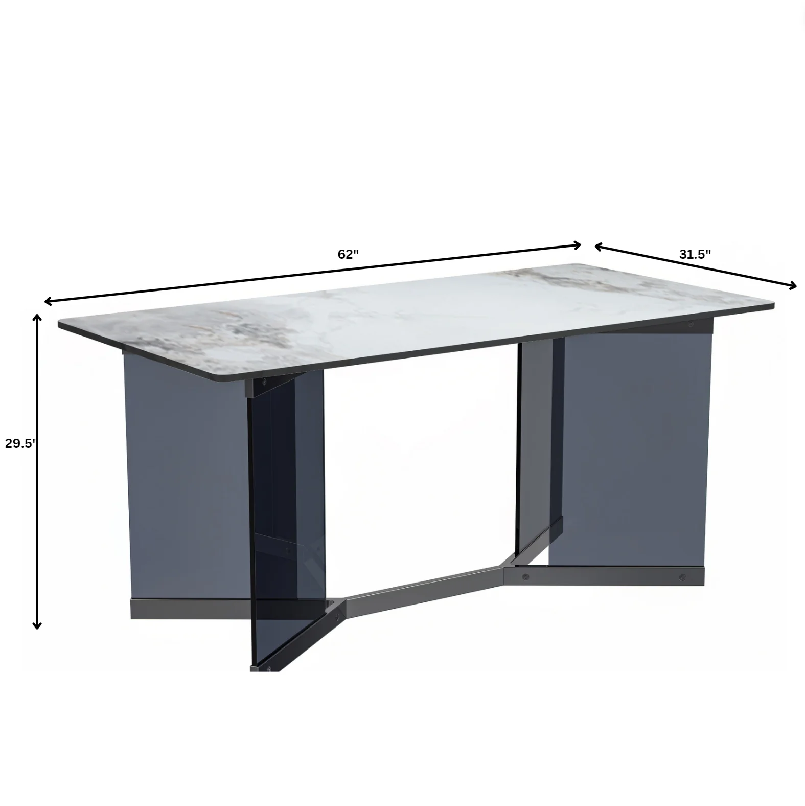 Oryn Series Modern Dining Table Black Glass and Steel Base, With 62" Medium Grey Sintered Stone Top