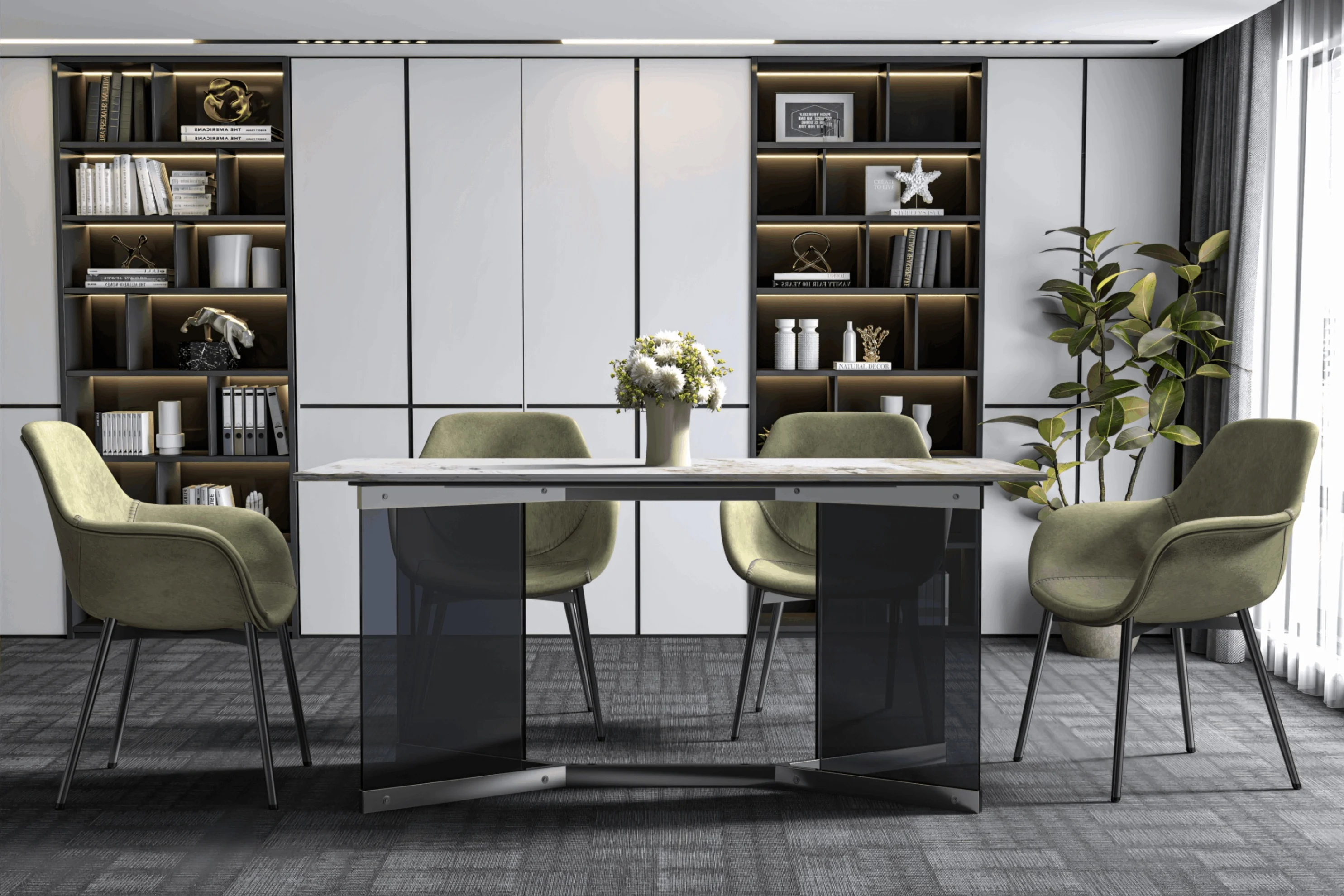 Oryn Series Modern Dining Table Black Glass and Steel Base, With 71" White Grey Sintered Stone Top