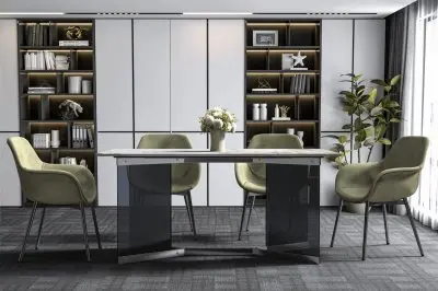 Oryn Series Modern Dining Table Black Glass and Steel Base, With 71" White Grey Sintered Stone Top